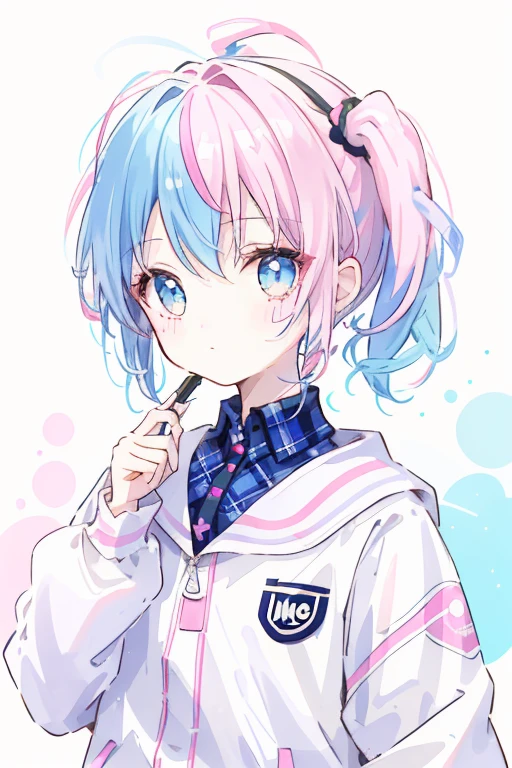 1 girl, oasis, Brush Sticker, Double Ponytail, Triple White, Tartan, Pink and blue gradient hair,, White Background,Twin tails,Pink Hair Color,Angel&#39;s Smile,