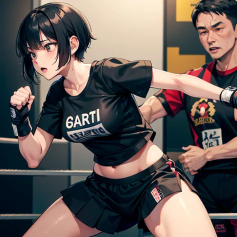Cute Japanese high school girl with short-cut black hair. She practices counter-punching at a mixed martial arts gym. Very sweat...