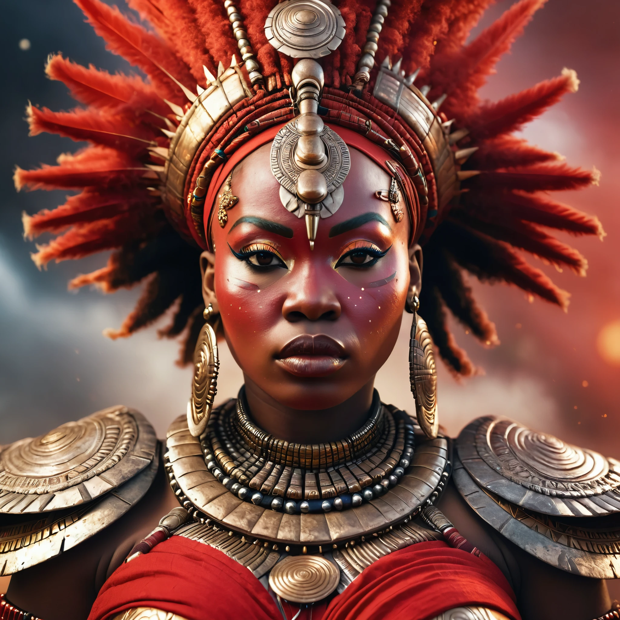 舊復古肖像, 身穿紅色非洲武士服裝的非洲女神, 女王, 胖的, 厚重的身軀, 逼真的, 戲劇性的燈光, 脸部细节非常丰富, 高細節, 廣角, 超品質, 8K, 複雜的細節, 非洲未來主義時尚, 賽博朋克, 奧里沙, 非洲神, 餘燼顆粒, 雷粒子
