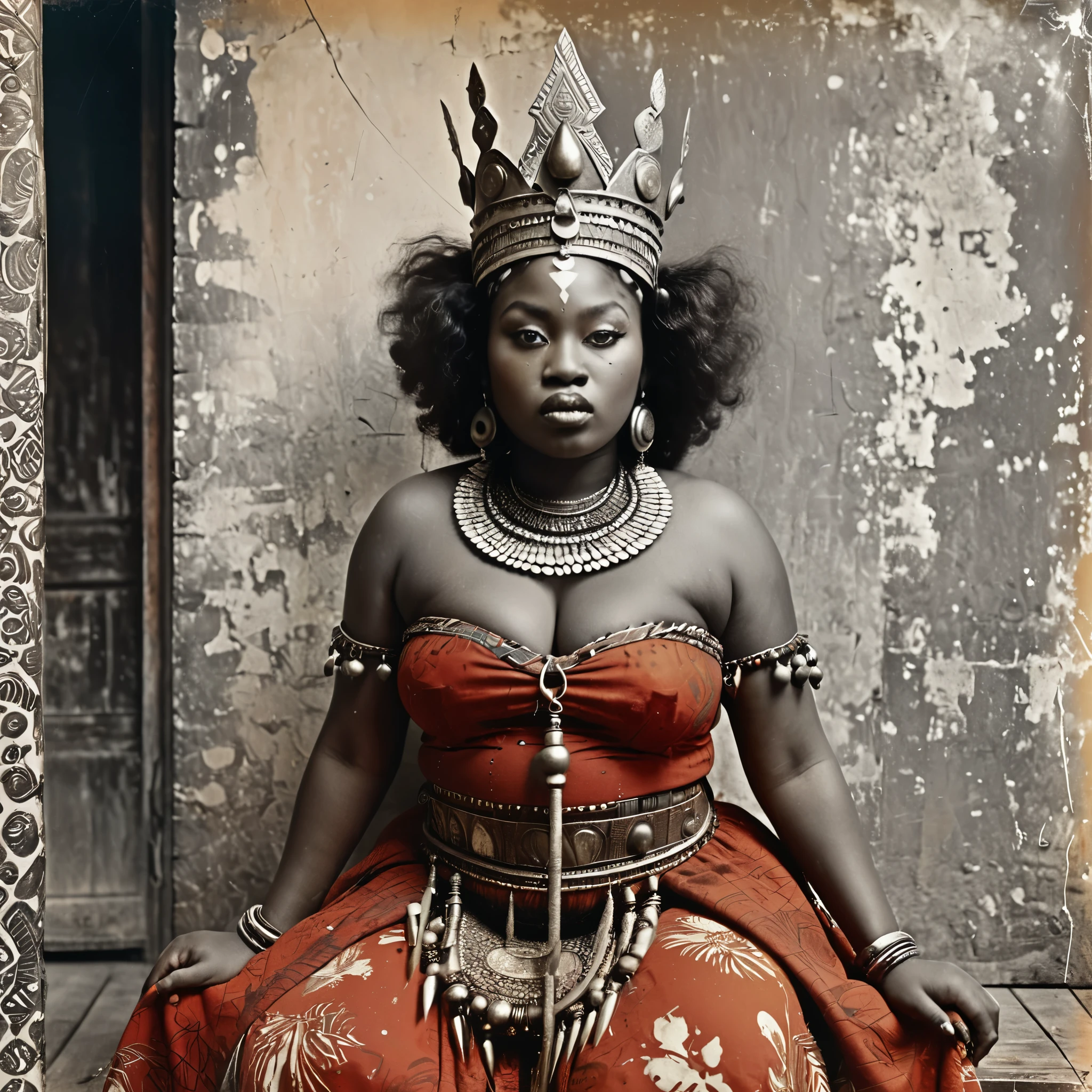 estilo de fotografía muy antiguo, tiro vintage, retrato de estudio de un (gordo African goddess) ((muting)) a bufallo, ((montando un búfalo)), Un vestido rojo guerrero africano, Reina, gordo, ((cuerpo grueso)), detallado, fotografía vintage destruida, Detalle intrincado, very detallado, Una obra maestra, hyperdetallado trending on artstation, Borroso, foto de estudio, volumetric lighting 1500s photograph of a tribal Reina full body, Formato largo, highly detallado, Kodak Tri-x 400, analogfilm768