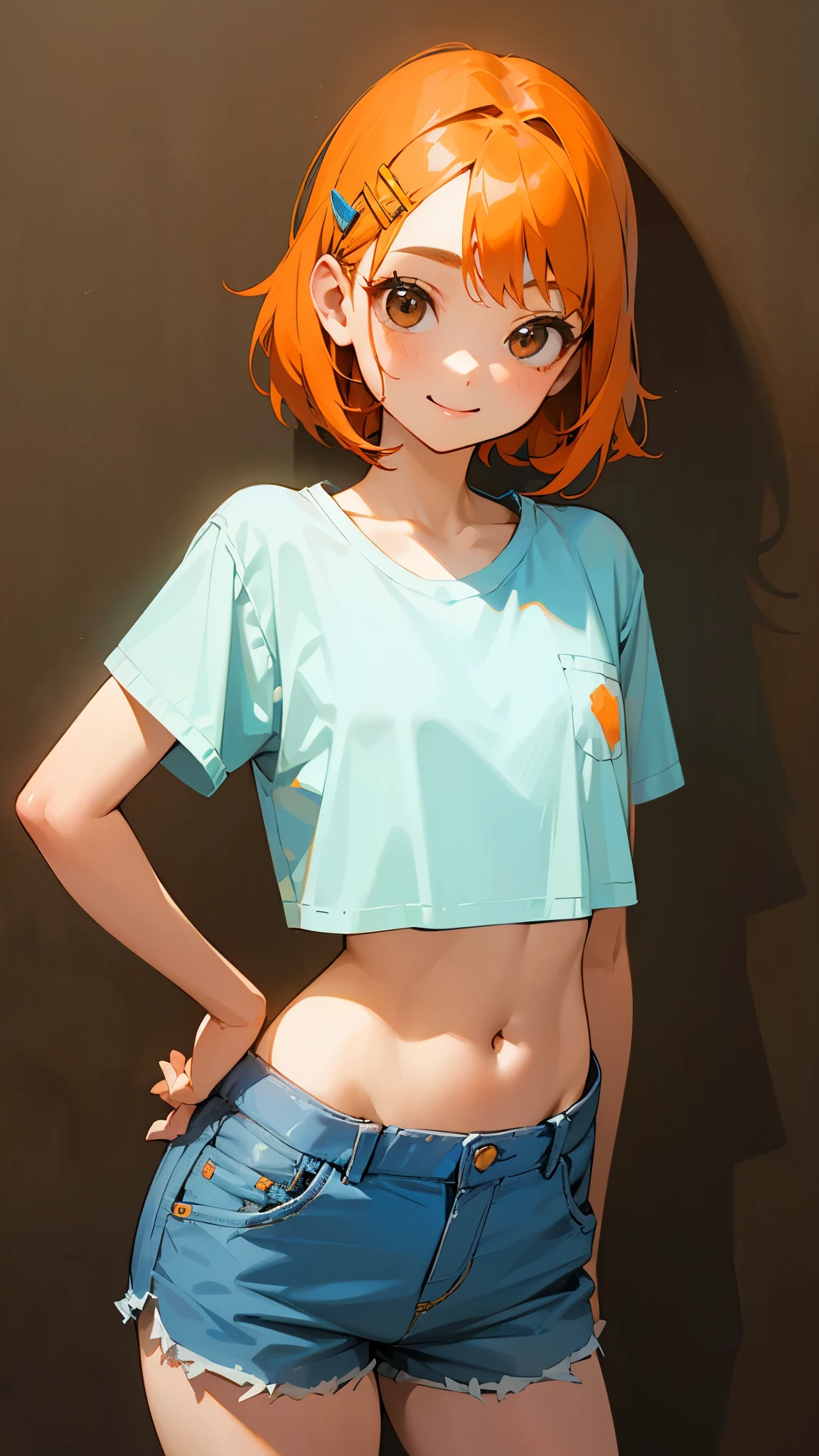 1 girl、Cowboy Shot、Simple T-shirt、light blue medium hair、Beautiful brown eyes、Orange Hair Clip、Flat Chest、smile、Please put your hands on your hips、Shorts