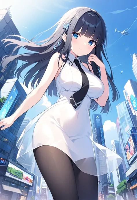 shiba miyuki, black hair, blue eyes, long hair, hair ornament, blunt bangs
first high , white dress, black necktie, city, black ...