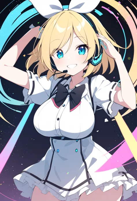 ,large breasts, concerthole, 1girl, ,vocaloid,  kagamine, blonde hair, blue eyes, hair bow, headset, short hair, headphones, smi...