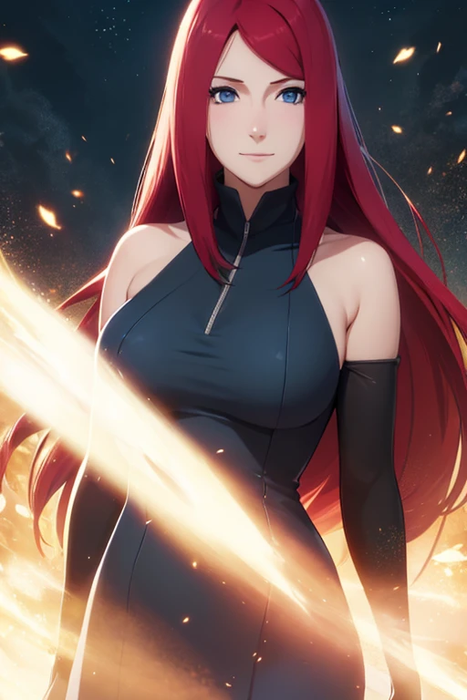 light effect, soft, super clear, high-definition picture, (front), masterpiece, cinematic lighting, Kushina Utsumaki, blue eyes, red hair, 1girl, solo, looking at viewer, smile, large breast, open shoulder, open chest, full body, short black dress, sexy suit