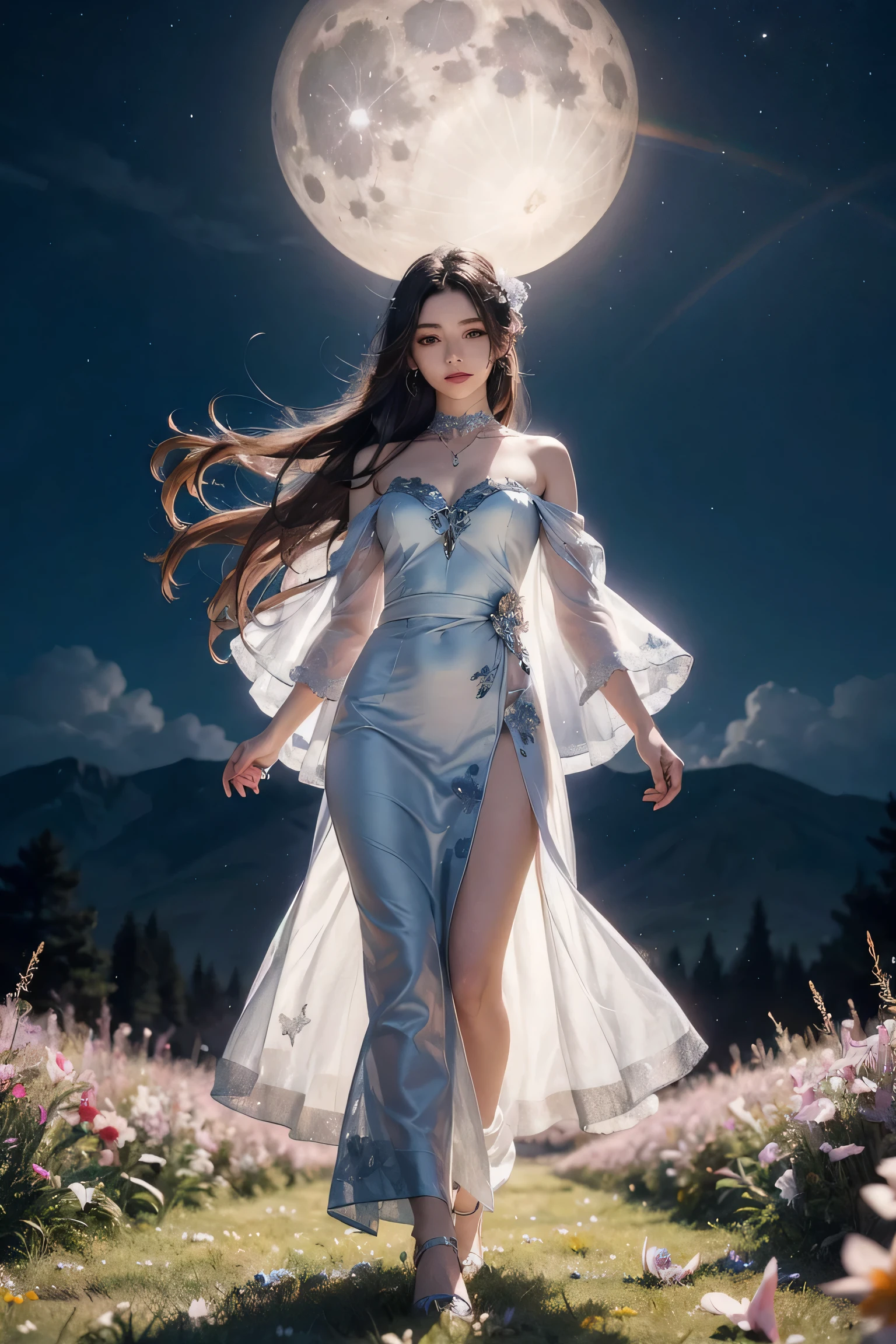 Beautiful and magical elemental spirit girl with long flowing hair, ethereal spiritual dress, walking through a field of crystal flowers as dark rainbow moonlight makes the flower glow with a luminous light