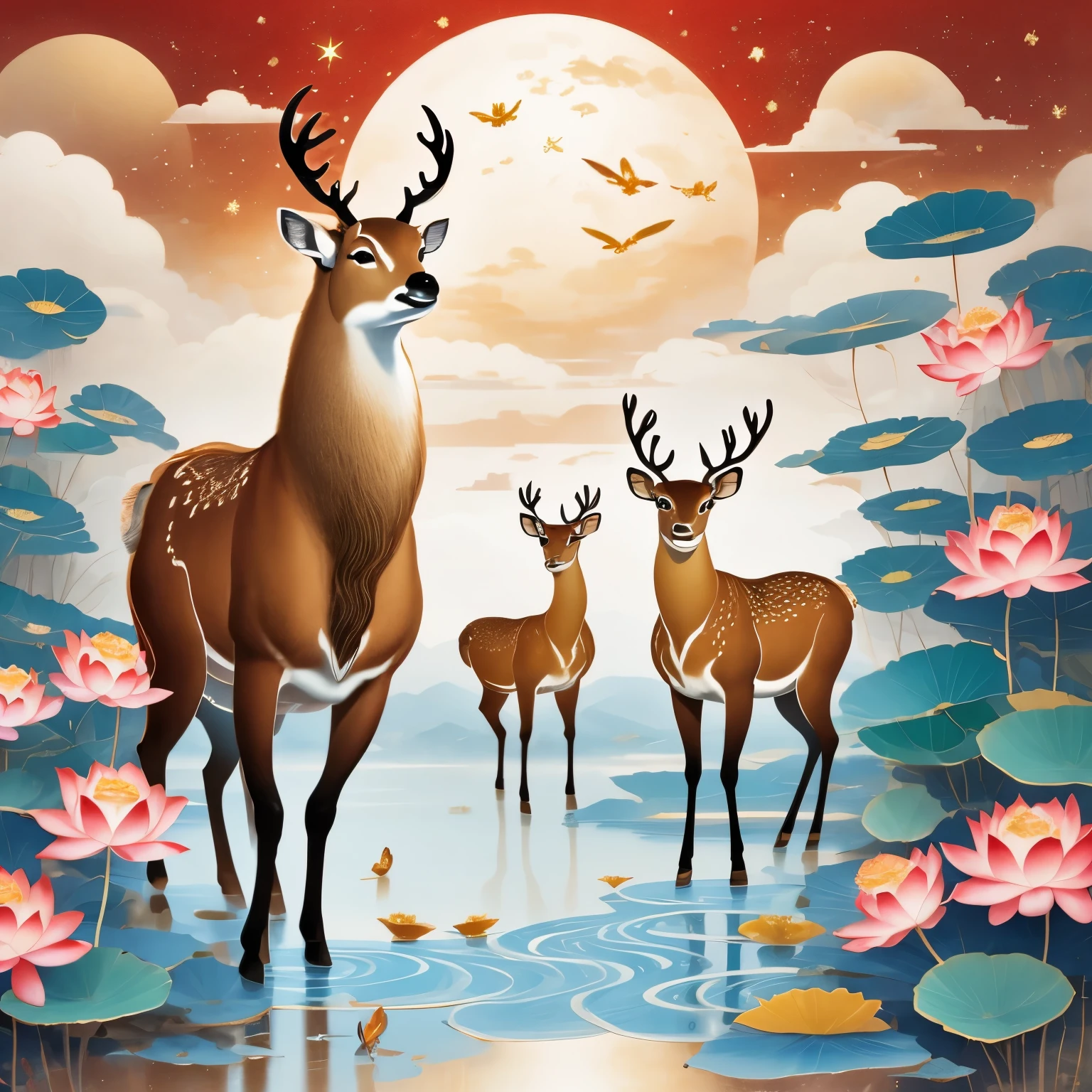 (masterpiece, best quality:1.2), Dunhuang art style illustration,Nine-colored deer surrounded by auspicious clouds，Magnificent ,（Deer shining with starlight：1.36） Stand in a lotus pond ,Extremely delicate brushstrokes, Soft and smooth, Chinese red and indigo, Golden background