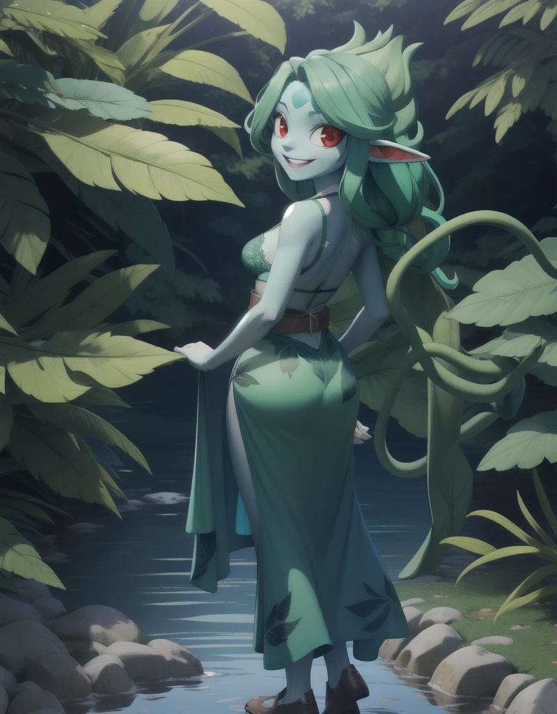 8k quality, high colours, Anthropomorphic girl, blue skin, (green hair), long elves ears, smiling, slim body, human face,red eyes, small breasts, green leafs like panties, green leafs like bra, clothes, 2 plant tentacles from back, hands on the belt, in a tropical forest, full body, on the lake, tiny hips, plant-based clothes, front view, green leafs long dress, 