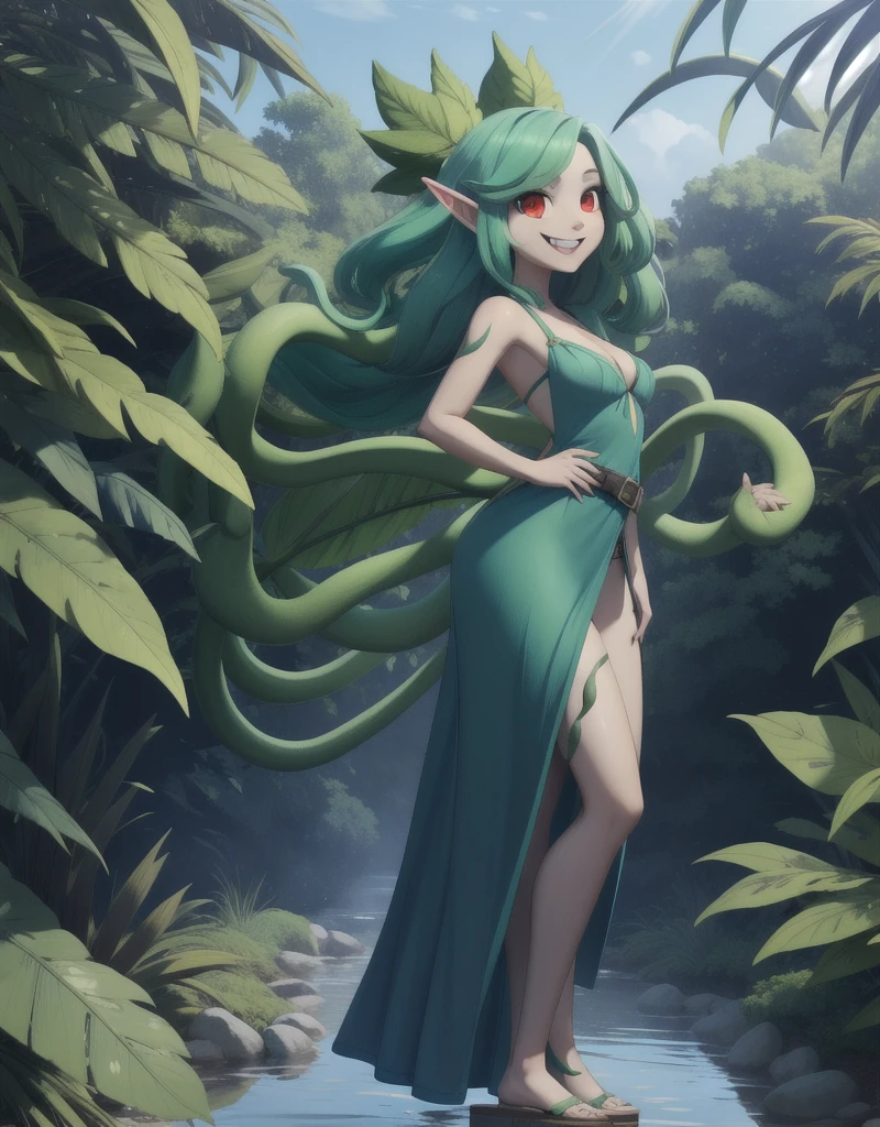 8k quality, high colours, Anthropomorphic girl, solo,  blue skin, (green hair), long elves ears, smiling, slim body, human face,red eyes, small breasts, green leafs like panties, green leafs like bra, clothes, 2 plant tentacles from back, hands on the belt, in a tropical forest, full body, on the lake, tiny hips, plant-based clothes, front view, green leafs long dress, 