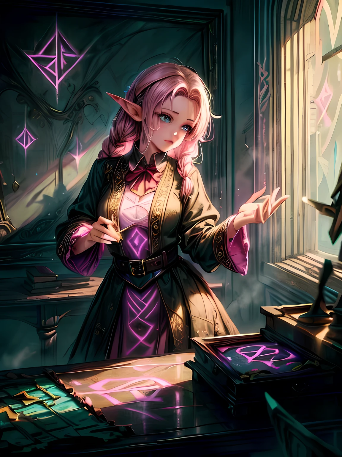 high details, best quality, 16k, [ultra detailed], masterpiece, best quality, (extremely detailed), ultra wide shot, photorealistic, a picture of an elf magical teacher (best details, Masterpiece, best quality: 1.5), teaching magical arts, manipulating magical pink magic runes in the air GlowingRunes_pink (best details, Masterpiece, best quality: 1.5) at fantasy classroom, a female elf, exquisite beauty (best details, Masterpiece, best quality: 1.5), ultra feminine (best details, Masterpiece, best quality: 1.5), full body (best details, Masterpiece, best quality: 1.5) golden hair, hair in a long braid, small pointed ears, dynamic eyes color, wearing a teachers robe, standing in the classroom (best details, Masterpiece, best quality: 1.5), fantasy class background, best realistic, best details, best quality, 16k, [ultra detailed], masterpiece, best quality, (extremely detailed), ultra wide shot, photorealism, room is lit with bright light, depth of field,