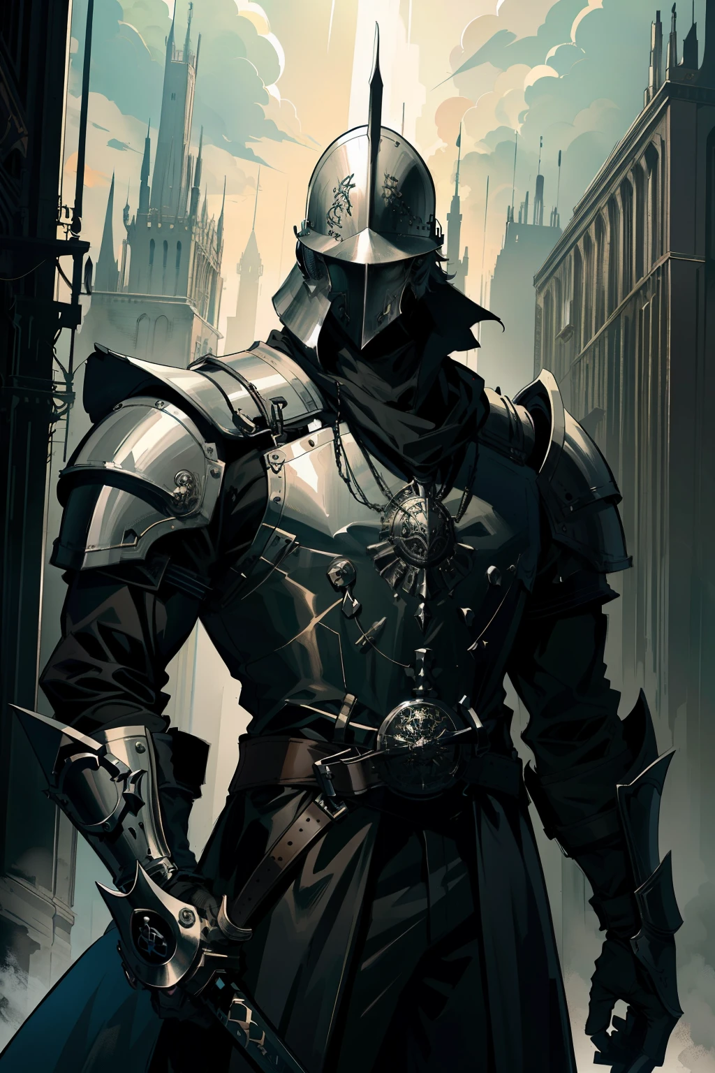 A man in a dark Victorian suit. The shoulders and head are protected by steel armor, and a two-handed sword is in his hands. He looks directly at the viewer, wearing a deaf steel helmet.