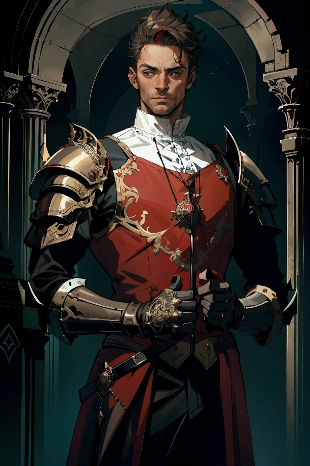 Un hombre con un traje victoriano rojo oscuro.. Los hombros y la cabeza están protegidos por una armadura., y en sus manos hay una espada de dos manos. él mira directamente al espectador, usando un casco de acero sordo.