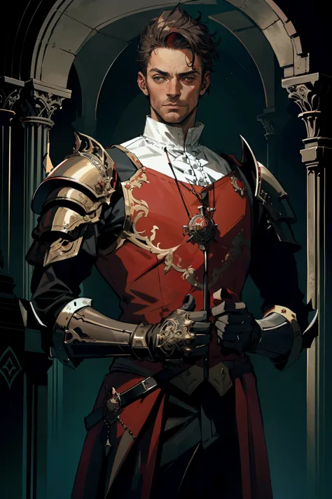 A man in a dark red Victorian suit. The shoulders and head are protected by armor, and a two-handed sword is in his hands. He lo...