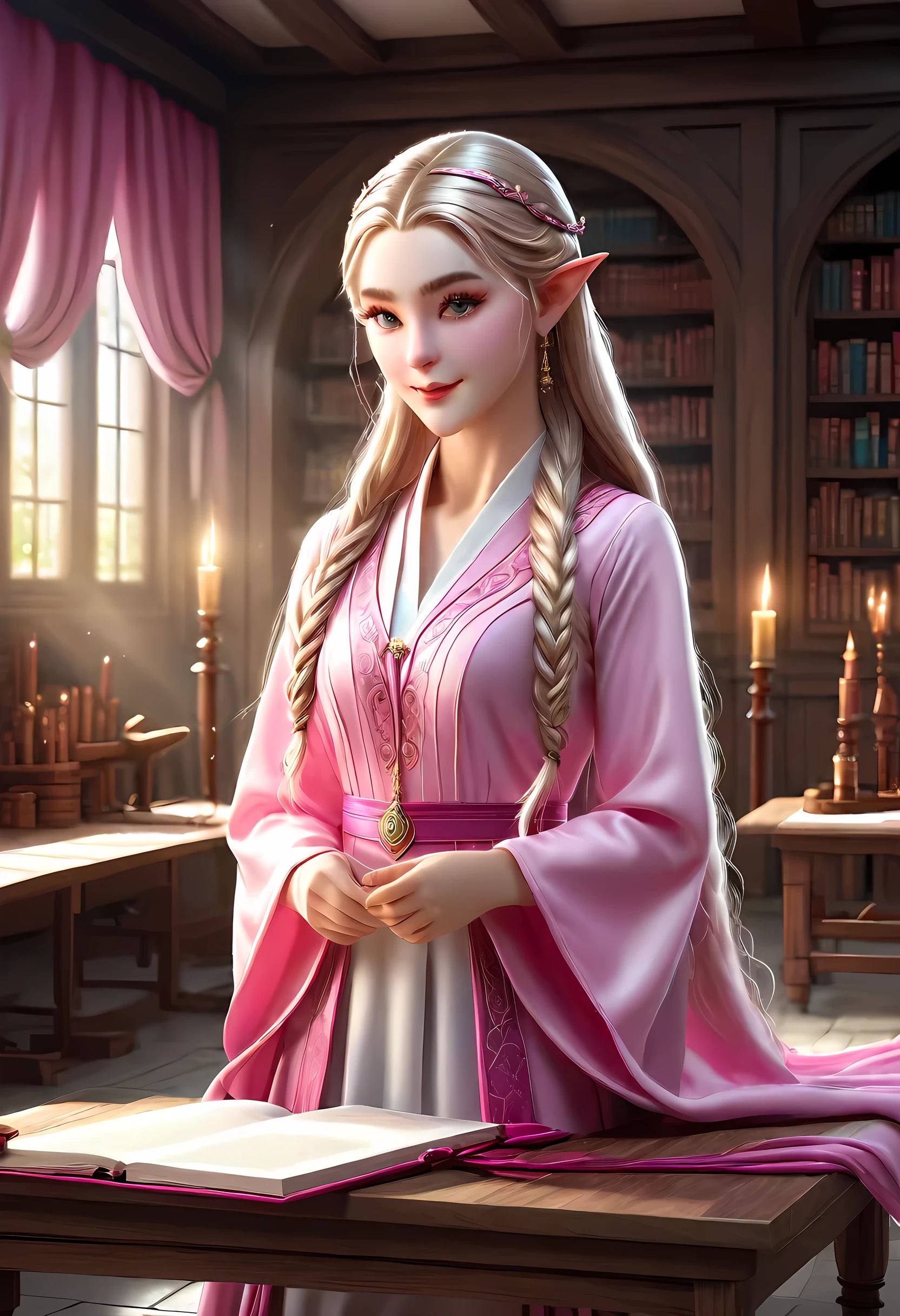 high details, best quality, 16k, [ultra detailed], masterpiece, best quality, (extremely detailed), ultra wide shot, photorealistic, a picture of an elf magical teacher (best details, Masterpiece, best quality: 1.5), teaching magical arts, manipulating magical pink magic runes in the air GlowingRunes_pink (best details, Masterpiece, best quality: 1.5) at fantasy classroom, a female elf, exquisite beauty (best details, Masterpiece, best quality: 1.5), ultra feminine (best details, Masterpiece, best quality: 1.5), full body (best details, Masterpiece, best quality: 1.5) golden hair, hair in a long braid, small pointed ears, dynamic eyes color, wearing a teachers robe, standing in the classroom (best details, Masterpiece, best quality: 1.5), fantasy class background, best realistic, best details, best quality, 16k, [ultra detailed], masterpiece, best quality, (extremely detailed), ultra wide shot, photorealism, room is lit with bright light, depth of field, half-elf ears, ArmoredDress