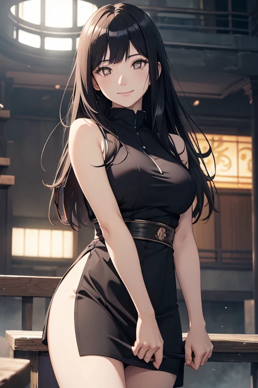 light effect, soft, super clear, high-definition picture, (front), masterpiece, cinematic lighting, Hinata Uzumaki, white colorless eyes, black long hair, 1girl, solo, looking at viewer, smile, large breast, open shoulder, black short dress