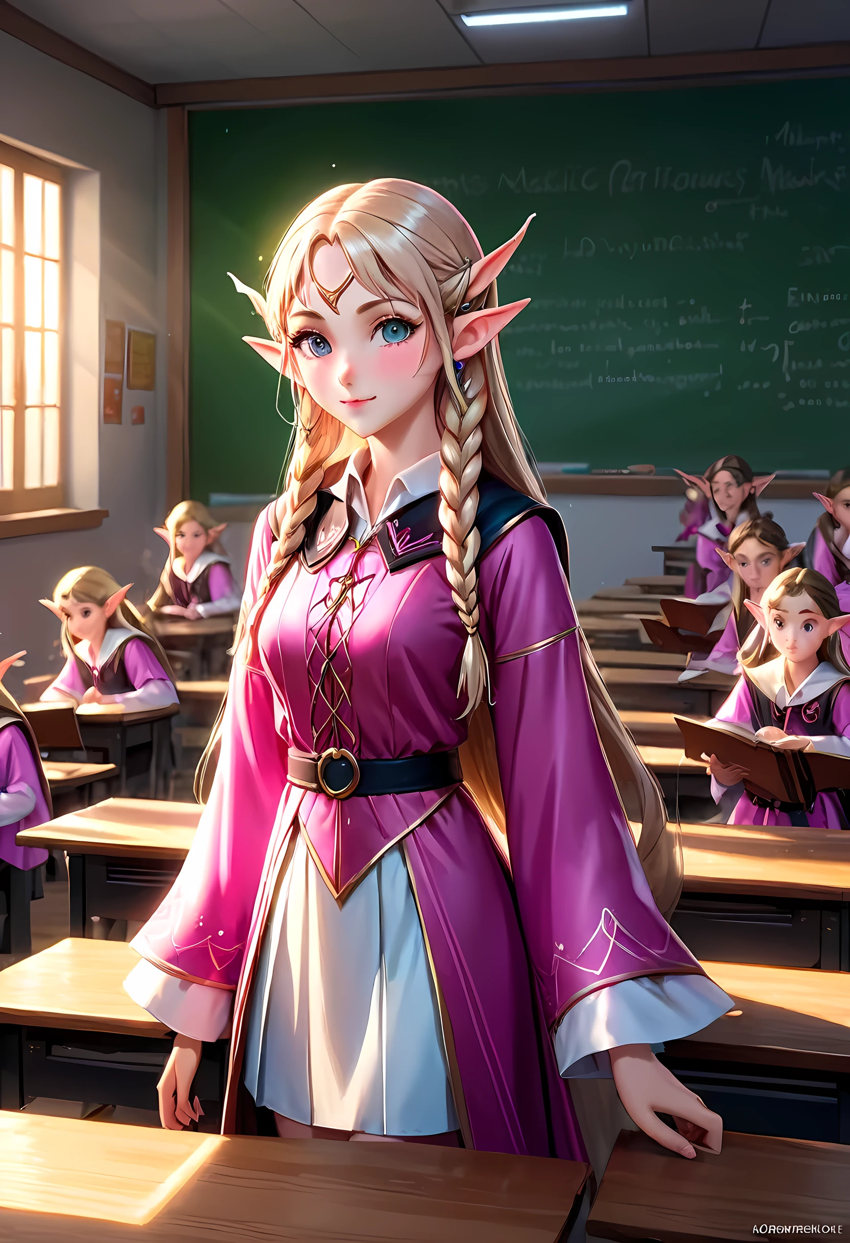 high details, best quality, 16k, [ultra detailed], masterpiece, best quality, (extremely detailed), ultra wide shot, photorealistic, a picture of an elf magical teacher (best details, Masterpiece, best quality: 1.5), teaching magical arts, manipulating magical pink magic runes in the air GlowingRunes_pink (best details, Masterpiece, best quality: 1.5) at fantasy classroom, a female elf, exquisite beauty (best details, Masterpiece, best quality: 1.5), ultra feminine (best details, Masterpiece, best quality: 1.5), full body (best details, Masterpiece, best quality: 1.5) golden hair, hair in a long braid, small pointed ears, dynamic eyes color, wearing a teachers robe, standing in the classroom (best details, Masterpiece, best quality: 1.5), fantasy class background, best realistic, best details, best quality, 16k, [ultra detailed], masterpiece, best quality, (extremely detailed), ultra wide shot, photorealism, room is lit with bright light, depth of field, half-elf ears, ArmoredDress