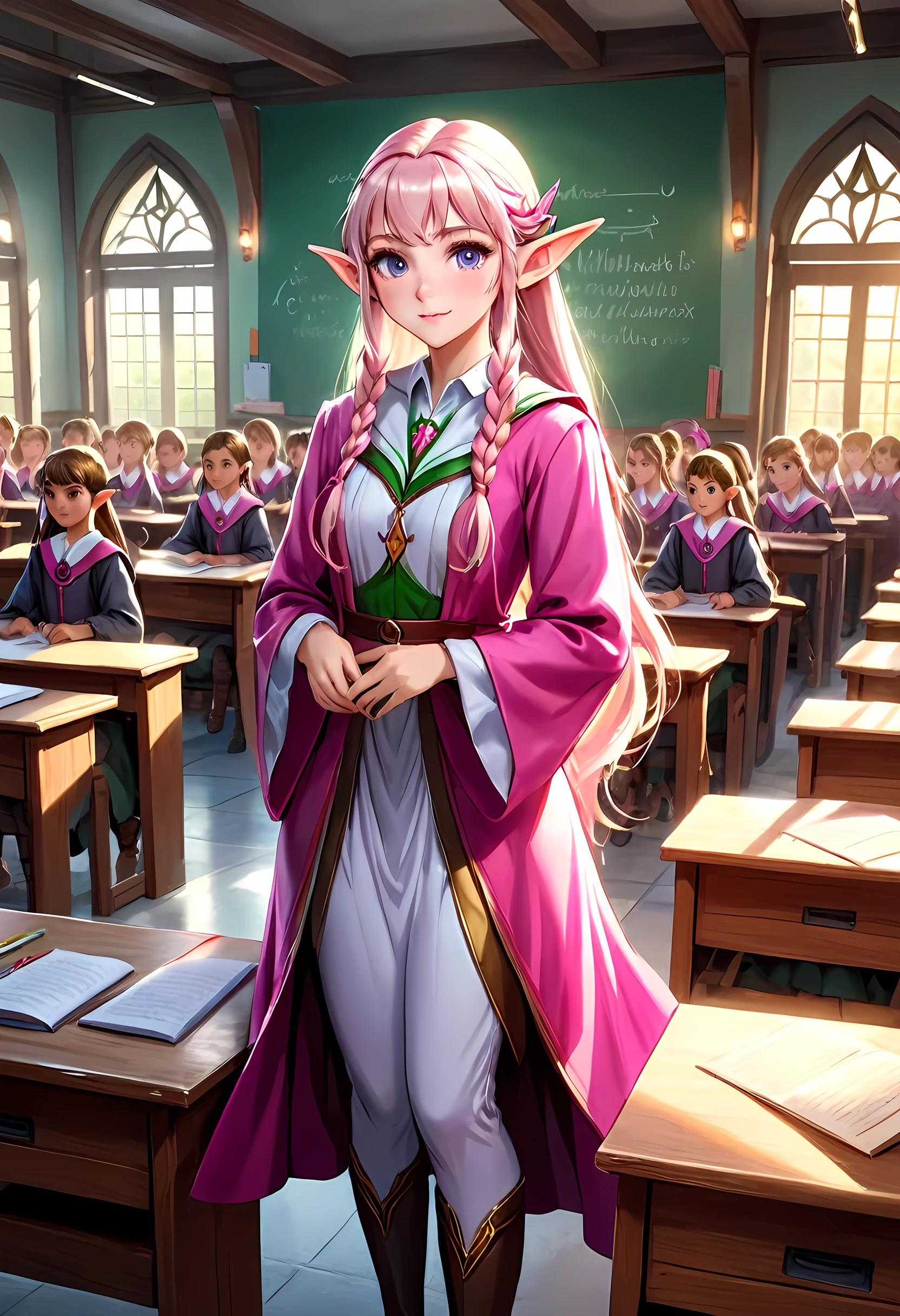 high details, best quality, 16k, [ultra detailed], masterpiece, best quality, (extremely detailed), ultra wide shot, photorealistic, a picture of an elf magical teacher (best details, Masterpiece, best quality: 1.5), teaching magical arts, manipulating magical pink magic runes in the air GlowingRunes_pink (best details, Masterpiece, best quality: 1.5) at fantasy classroom, a female elf, exquisite beauty (best details, Masterpiece, best quality: 1.5), ultra feminine (best details, Masterpiece, best quality: 1.5), full body (best details, Masterpiece, best quality: 1.5) golden hair, hair in a long braid, small pointed ears, dynamic eyes color, wearing a teachers robe, standing in the classroom (best details, Masterpiece, best quality: 1.5), fantasy class background, best realistic, best details, best quality, 16k, [ultra detailed], masterpiece, best quality, (extremely detailed), ultra wide shot, photorealism, room is lit with bright light, depth of field, half-elf ears, ArmoredDress