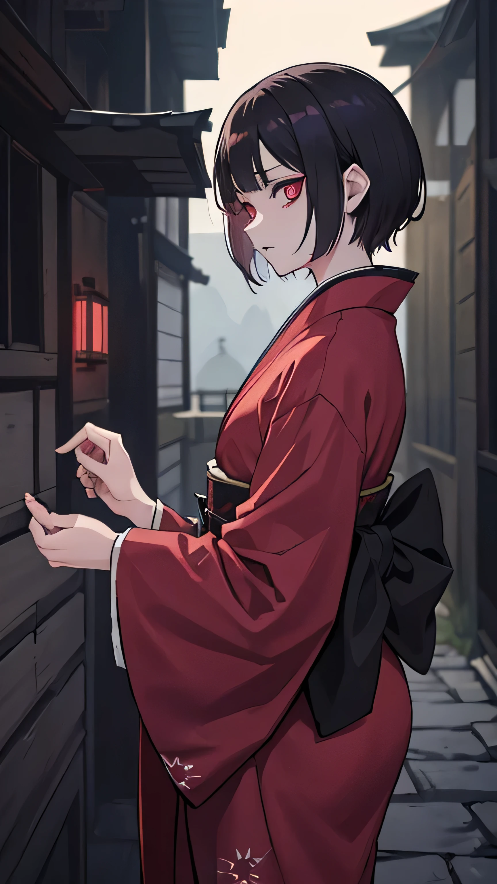 taisho period japanese woman, grunge, eeire, scary, kimetsu no yaiba, (foreground woman in burgundy bright kimono, pale, short hair, teenager), (background monster, black, glowy eyes, demonic, hellish creature), ominous, thriller, moody, dark aesthetic, darkwave, grunge, ragged and rough