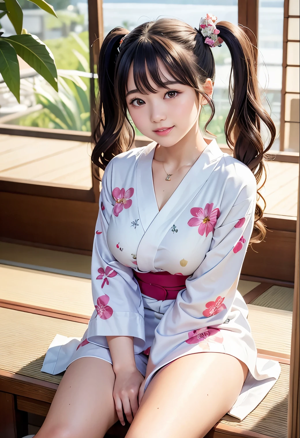 (highest quality,masterpiece:1.3,Ultra-high resolution),(Very detailed、Caustics) (Realistic:1.4, RAW shooting、)Ultra-Realistic Capture、Very detailed、Natural skin texture、masterpiece、(A Japanese girl wearing a yukata with a floral pattern:1.3)、Underwear sticks out、Adorable expression、Expressions of Happiness、14 years old、Young Face、Amazingly cute、Twin tails、Curly Hair、Black Hair、Scrunchie、light makeup、necklace、Busty and bursting、Shining Breasts、Shining thighs、Summer evening、sunset、Photo taken in a tatami room with a veranda in an old Japanese house、Sitting posture、smile、An inviting gaze、Cowboy Shot、Anatomically correct、Attention to detail、