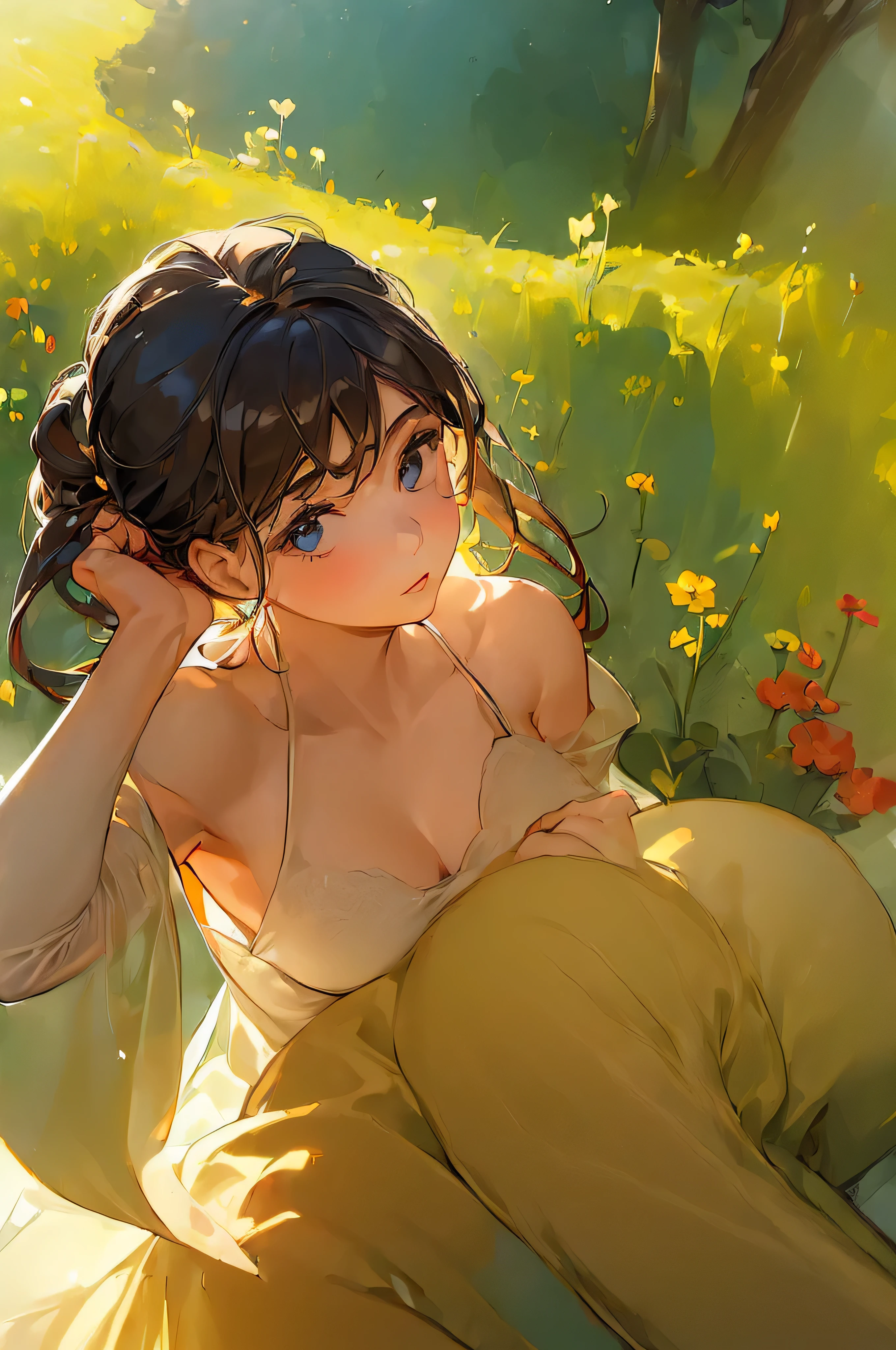 (a girl:2) in a (garden) (surrounded by nature), (wearing a colorful dress) and (holding a paintbrush:1.1). The scene is (bathed in warm sunlight:1.2) and there are (vibrant flowers:1.1) blooming all around. The girl is (focusing intently:1.1) on her (canvas:1.1), where she is (painting a beautiful landscape). The details of the girl's (expressive eyes, rosy cheeks, and flowing hair) are (exquisitely captured:1.2). Her (brushstrokes:1.1) are (delicate and precise) as she adds (fine details) to the painting. The (colors are vivid and rich:1.1), with a (harmonious blend of warm and cool tones) that enhance the overall beauty of the artwork. The (light and shadows) play gracefully across the canvas, giving the scene (depth and dimension). This masterpiece exhibits (best quality, high-resolution, and ultra-realistic:1.2) details, making it a true work of art worthy of admiration. The girl's artistic talent is evident in every (carefully chosen stroke), showcasing her (creativity and passion).
