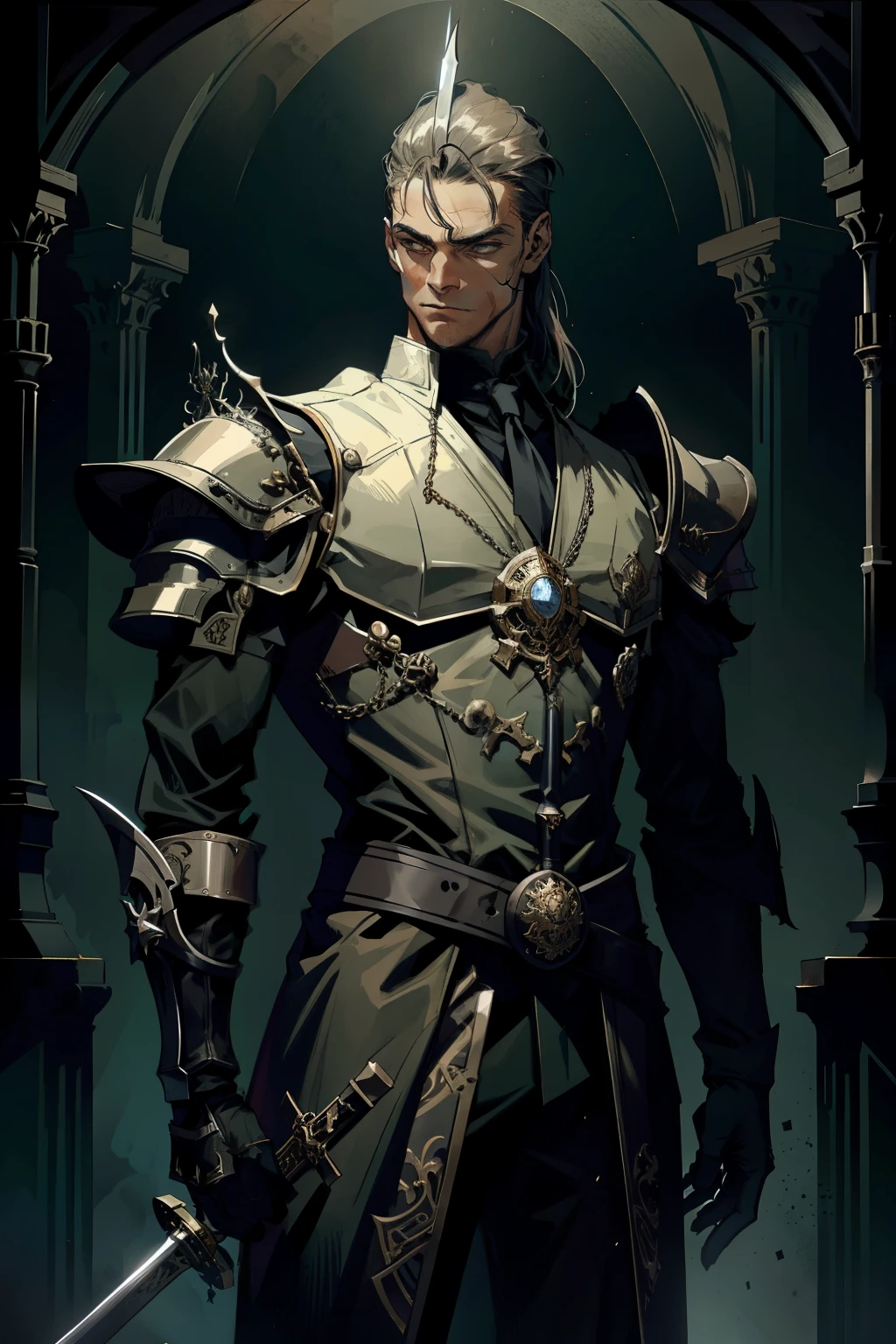 Um jovem com um terno vitoriano escuro. Os ombros e a cabeça são protegidos por uma armadura, e uma espada de duas mãos está em suas mãos.  usando um capacete surdo de aço.