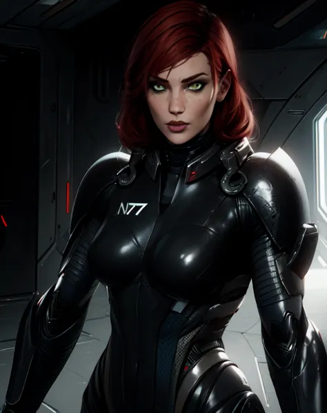 jane,bodysuit,armor,standing,n7,green eyes,red hair,
upper body,
science fiction,facility,
( insanely detailed,  masterpiece, be...