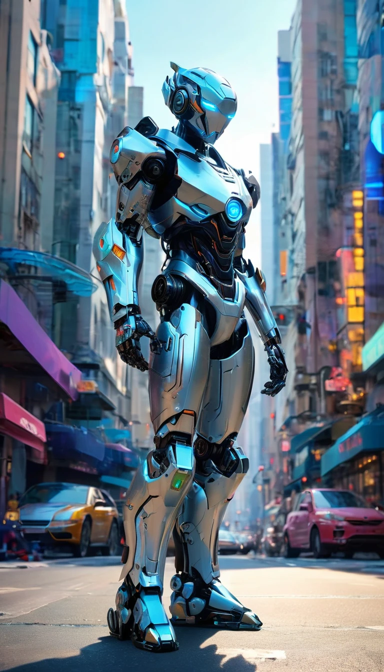 A robot with a silver exterior and blue highlights stands in the center of a city street. The robot's design appears advanced and humanoid, with a helmet that illuminates its eyes in blue, and detailed hands with five fingers. The urban backdrop features a mix of blue and purple neon lights, with two cars parked along the sides of the street. The setting gives off a futuristic, technological vibe, and there's evidence that it happens later in the day, although the exact time is unconfirmed. Buildings are visible in the background, contributing to the urban context.