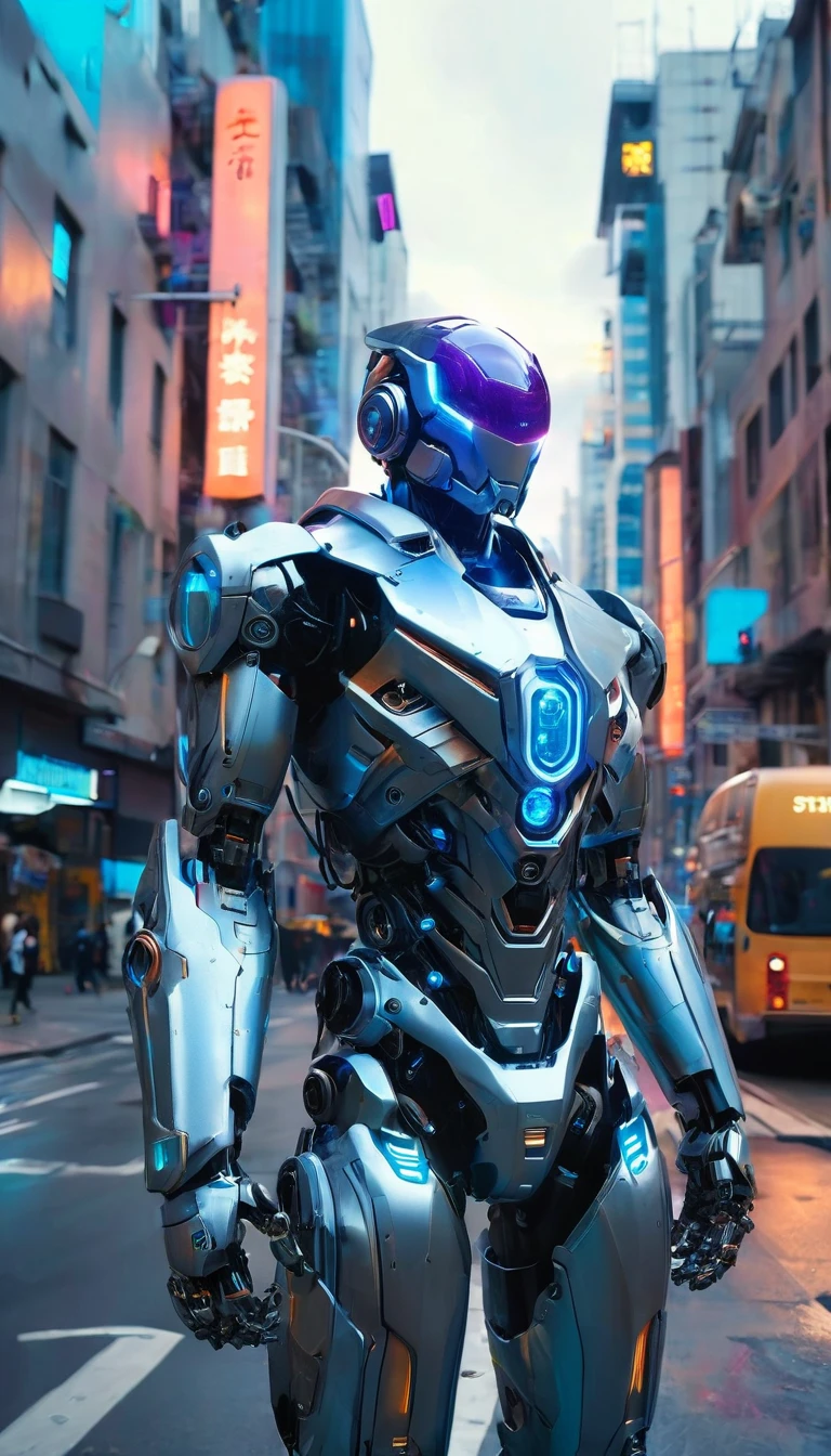 A robot with a silver exterior and blue highlights stands in the center of a city street. The robot's design appears advanced and humanoid, with a helmet that illuminates its eyes in blue, and detailed hands with five fingers. The urban backdrop features a mix of blue and purple neon lights, with two cars parked along the sides of the street. The setting gives off a futuristic, technological vibe, and there's evidence that it happens later in the day, although the exact time is unconfirmed. Buildings are visible in the background, contributing to the urban context.