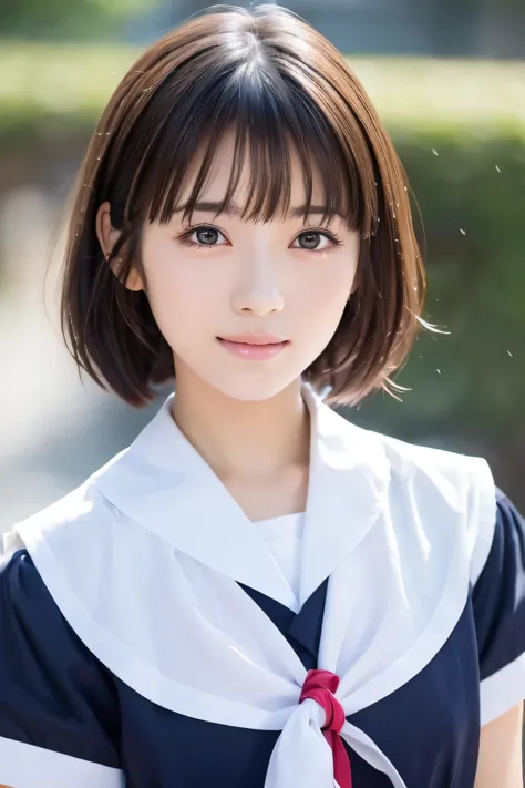 Beautiful girl, (highest quality:1.4), (Very detailed), (Very detailed美しい顔), Facing forward, japanese sailor suit, Great face and eyes, iris,Medium Hair, Black Hair, (Sailor suit, school uniform:1.2), Short sleeve,Smooth, very detailed CG synthesis 8k wall...