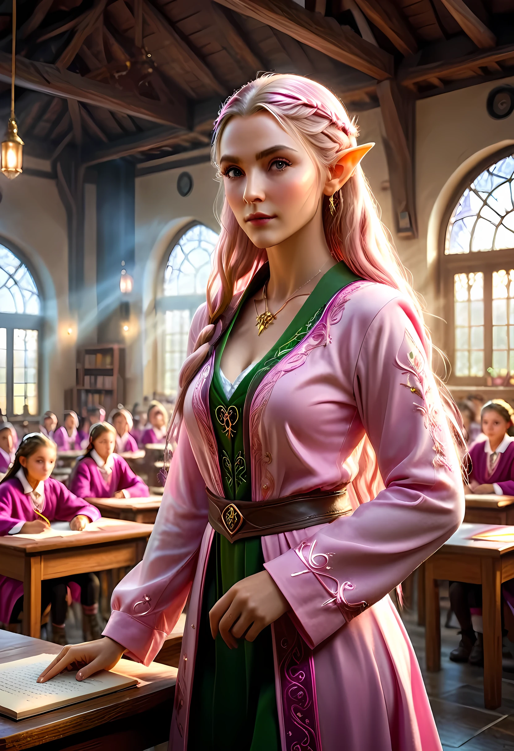 high details, best quality, 16k, [ultra detailed], masterpiece, best quality, (extremely detailed), ultra wide shot, photorealistic, a picture of an elf magical teacher (best details, Masterpiece, best quality: 1.5), teaching magical arts, manipulating magical pink magic runes in the air GlowingRunes_pink (best details, Masterpiece, best quality: 1.5) at fantasy classroom, a female elf, exquisite beauty (best details, Masterpiece, best quality: 1.5), ultra feminine (best details, Masterpiece, best quality: 1.5), full body (best details, Masterpiece, best quality: 1.5) golden hair, hair in a long braid, small pointed ears, dynamic eyes color, wearing a teachers robe, standing in the classroom (best details, Masterpiece, best quality: 1.5), fantasy class background, best realistic, best details, best quality, 16k, [ultra detailed], masterpiece, best quality, (extremely detailed), ultra wide shot, photorealism, room is lit with bright light, depth of field, half-elf ears, ArmoredDress