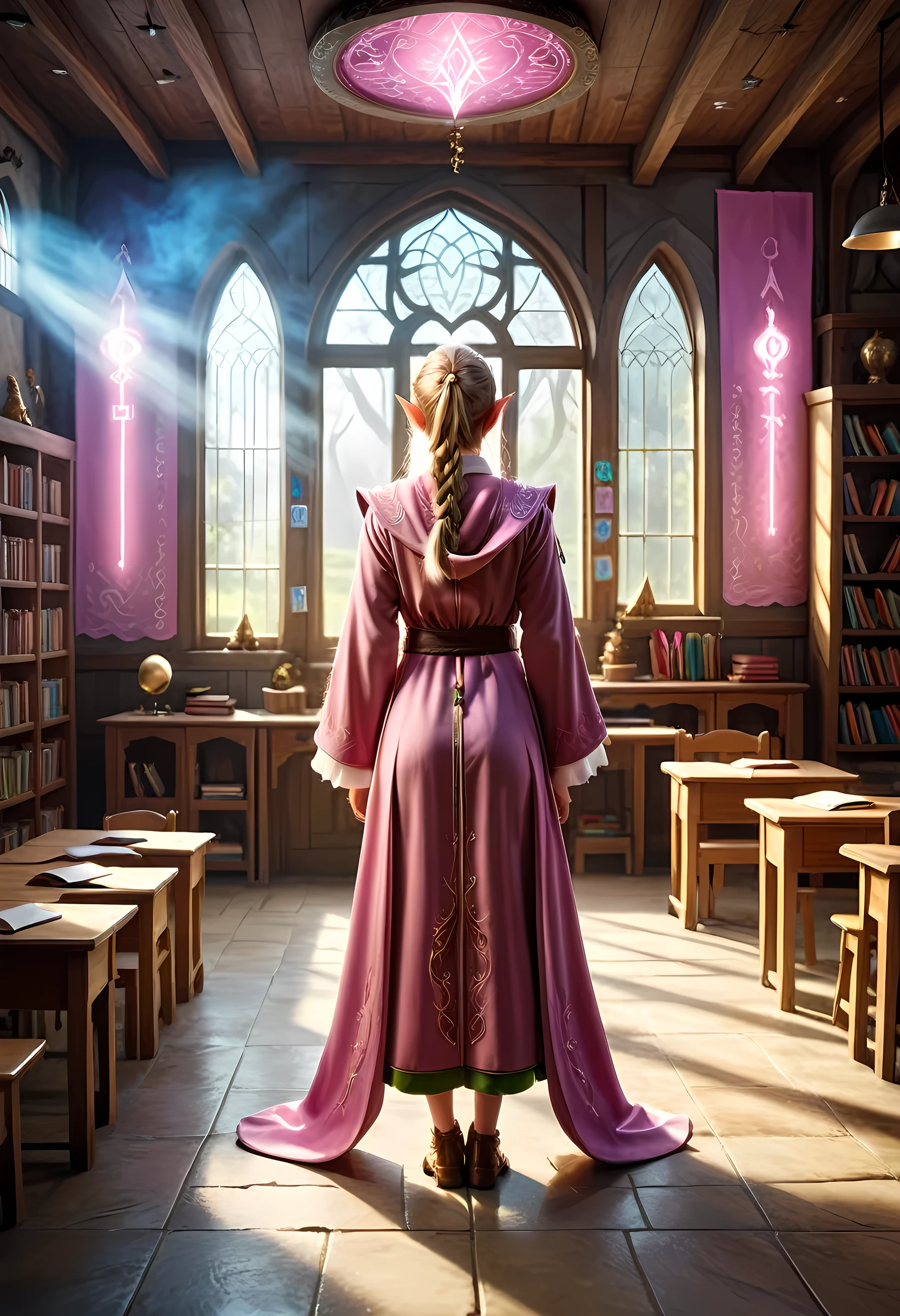 high details, best quality, 16k, [ultra detailed], masterpiece, best quality, (extremely detailed), ultra wide shot, photorealistic, a picture of an elf magical teacher (best details, Masterpiece, best quality: 1.5), teaching magical arts, manipulating magical pink magic runes in the air GlowingRunes_pink (best details, Masterpiece, best quality: 1.5) at fantasy classroom, a female elf, exquisite beauty (best details, Masterpiece, best quality: 1.5), ultra feminine (best details, Masterpiece, best quality: 1.5), full body (best details, Masterpiece, best quality: 1.5) golden hair, hair in a long braid, small pointed ears, dynamic eyes color, wearing a teachers robe, standing in the classroom (best details, Masterpiece, best quality: 1.5), fantasy class background, best realistic, best details, best quality, 16k, [ultra detailed], masterpiece, best quality, (extremely detailed), ultra wide shot, photorealism, room is lit with bright light, depth of field, half-elf ears, ArmoredDress