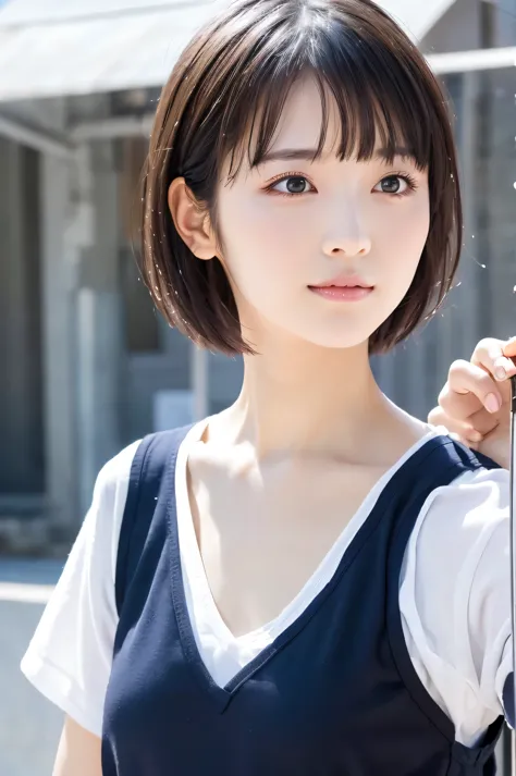 Beautiful girl, (highest quality:1.4), (Very detailed), (Very detailed美しい顔), Facing forward, Japanese gym clothes, Great face and eyes, iris,short hair, Black Hair, (Gymnastics:1.2), Short sleeve,Smooth, very detailed CG synthesis 8k wallpaper, High-resolu...