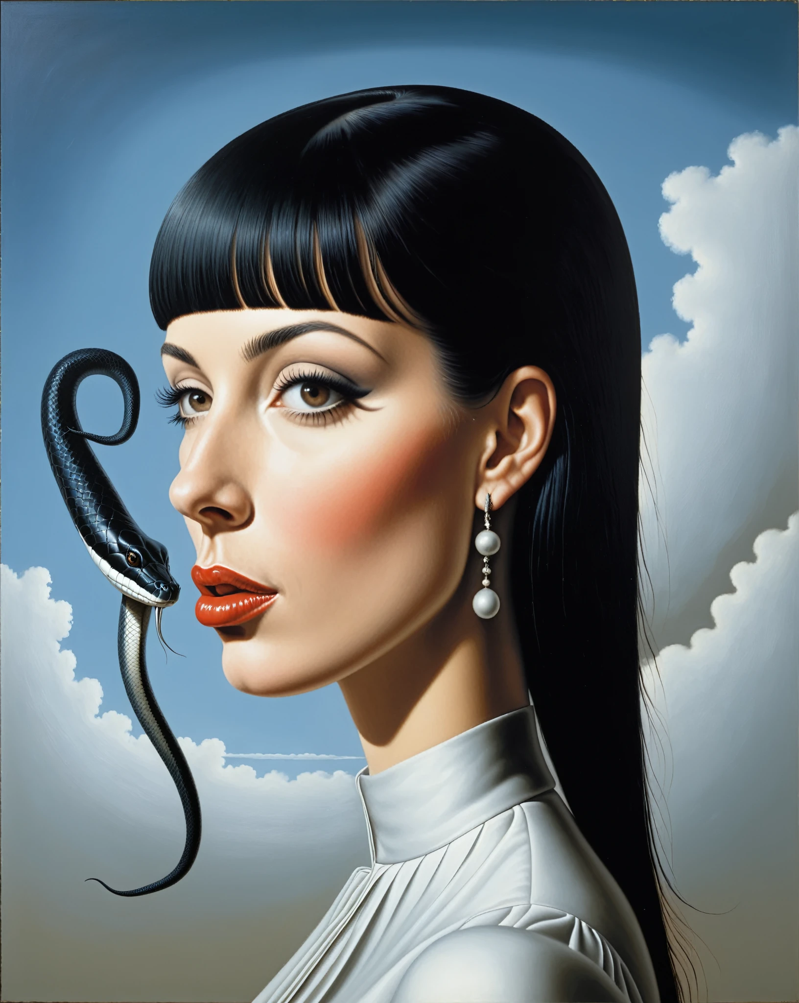 side view white girl with black hair, has fringe. Have total black eyes, split tongue like snake, and piercing on mouth and eyebrow - estilo surrealista, obra de arte surrealista, Sonhe como, Highly detailed René Magritte, obra de arte, High definition, masterpiece, painting like, HD (CORRECT THE SNAKE