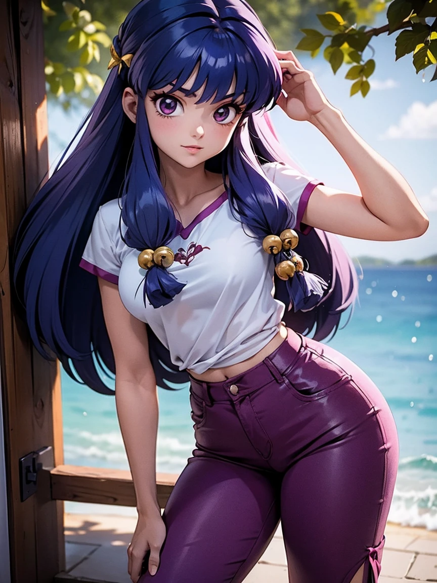 Anime girl smiling long purple hair, wearing a purple blouse and sexy denim shorts, 16 years, hands in hair, with hands behind head, beautiful body, big breasts, by the resident address, across the long house, chica sexy, by the long house, beautiful lighting, soft shadows, blue eyes, nice legs, braided hair, anime style, Personagrm Shampoo, Autora Rumiko Takahashi, Based on the work of Rumiko Takahashi, Anime Ranma 1/ 2, sexy decoration, robust hip, whole body, Whole body, big bust, young girl with beautiful and beautiful body, sandals on feet, girl 16 years young short stature, wearing a purple blouse and sexy denim shorts, anime girl, anime style, beautiful feet in sandals, 45° viewing angle, sexy gesture, chest pushed forward