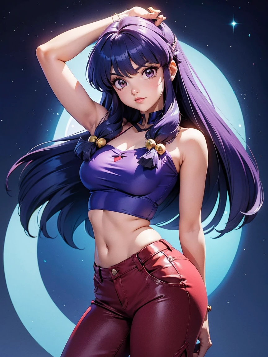 Anime girl smiling long purple hair, wearing a purple blouse and sexy denim shorts, 16 years, hands in hair, with hands behind head, beautiful body, big breasts, by the resident address, across the long house, chica sexy, by the long house, beautiful lighting, soft shadows, blue eyes, nice legs, braided hair, anime style, Personagrm Shampoo, Autora Rumiko Takahashi, Based on the work of Rumiko Takahashi, Anime Ranma 1/ 2, sexy decoration, robust hip, whole body, Whole body, big bust, young girl with beautiful and beautiful body, sandals on feet, girl 16 years young short stature, wearing a purple blouse and sexy denim shorts, anime girl, anime style, beautiful feet in sandals, 45° viewing angle, sexy gesture, chest pushed forward