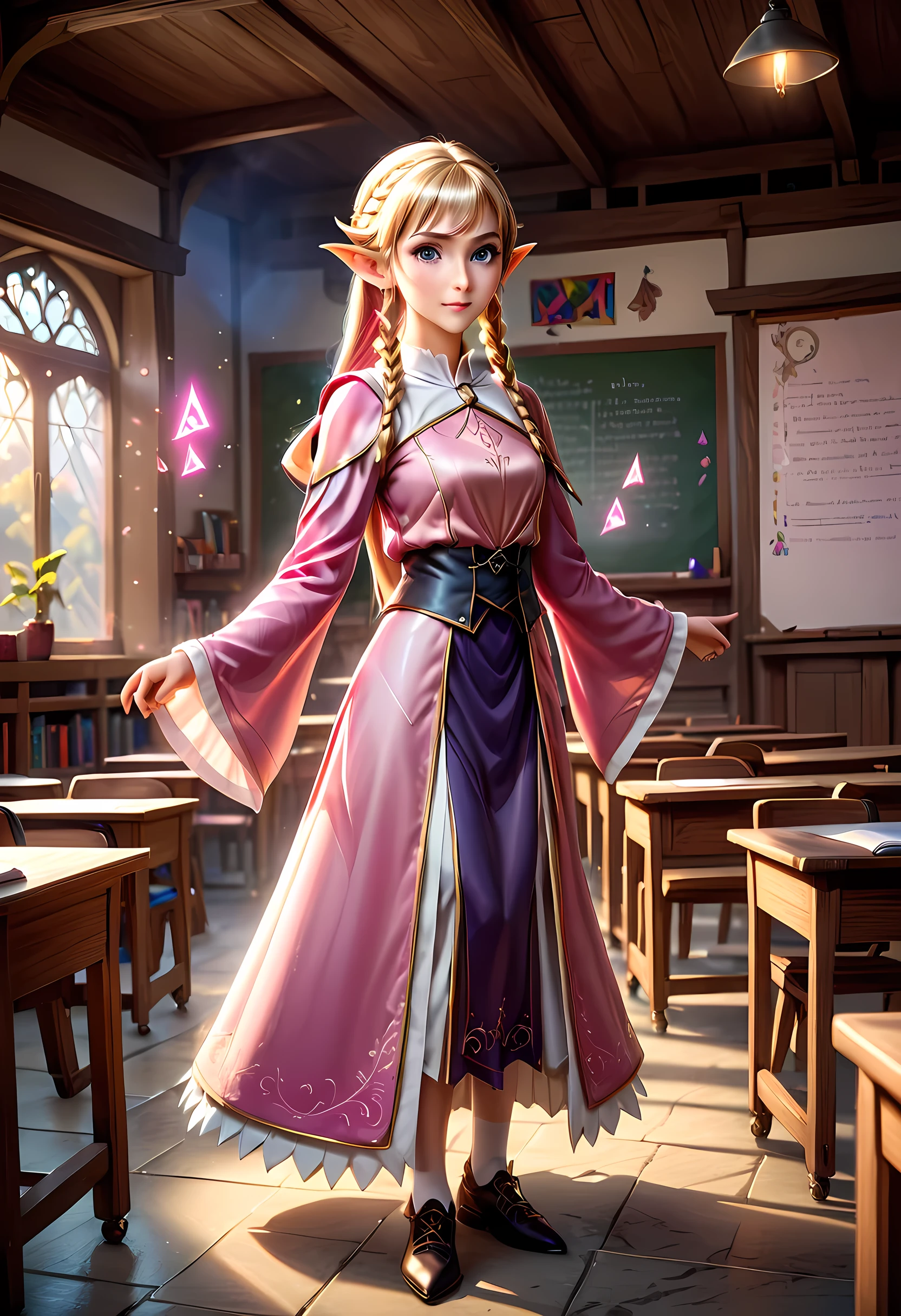 high details, best quality, 16k, [ultra detailed], masterpiece, best quality, (extremely detailed), ultra wide shot, photorealistic, a picture of an elf magical teacher (best details, Masterpiece, best quality: 1.5), teaching magical arts, manipulating magical pink magic runes in the air GlowingRunes_pink (best details, Masterpiece, best quality: 1.5) at fantasy classroom, a female elf, exquisite beauty (best details, Masterpiece, best quality: 1.5), ultra feminine (best details, Masterpiece, best quality: 1.5), full body (best details, Masterpiece, best quality: 1.5) golden hair, hair in a long braid, small pointed ears, dynamic eyes color, wearing a teachers robe, standing in the classroom (best details, Masterpiece, best quality: 1.5), fantasy class background, best realistic, best details, best quality, 16k, [ultra detailed], masterpiece, best quality, (extremely detailed), ultra wide shot, photorealism, room is lit with bright light, depth of field, half-elf ears, ArmoredDress