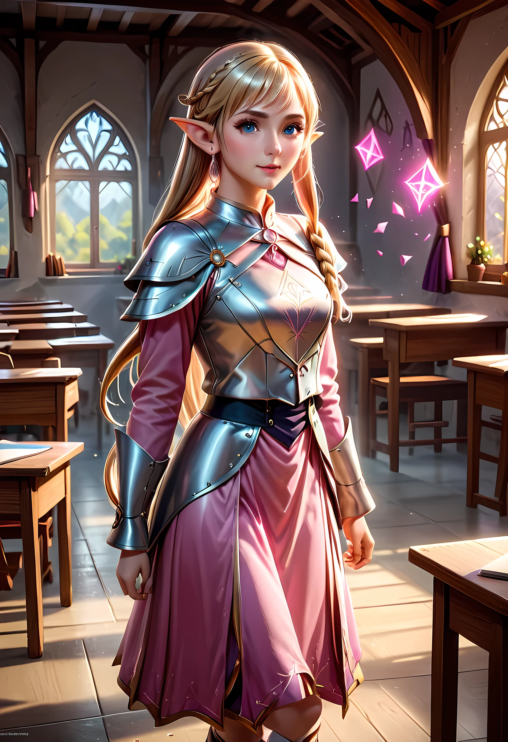 high details, best quality, 16k, [ultra detailed], masterpiece, best quality, (extremely detailed), ultra wide shot, photorealistic, a picture of an elf magical teacher (best details, Masterpiece, best quality: 1.5), teaching magical arts, manipulating magical pink magic runes in the air GlowingRunes_pink (best details, Masterpiece, best quality: 1.5) at fantasy classroom, a female elf, exquisite beauty (best details, Masterpiece, best quality: 1.5), ultra feminine (best details, Masterpiece, best quality: 1.5), full body (best details, Masterpiece, best quality: 1.5) golden hair, hair in a long braid, small pointed ears, dynamic eyes color, wearing a teachers robe, standing in the classroom (best details, Masterpiece, best quality: 1.5), fantasy class background, best realistic, best details, best quality, 16k, [ultra detailed], masterpiece, best quality, (extremely detailed), ultra wide shot, photorealism, room is lit with bright light, depth of field, half-elf ears, ArmoredDress