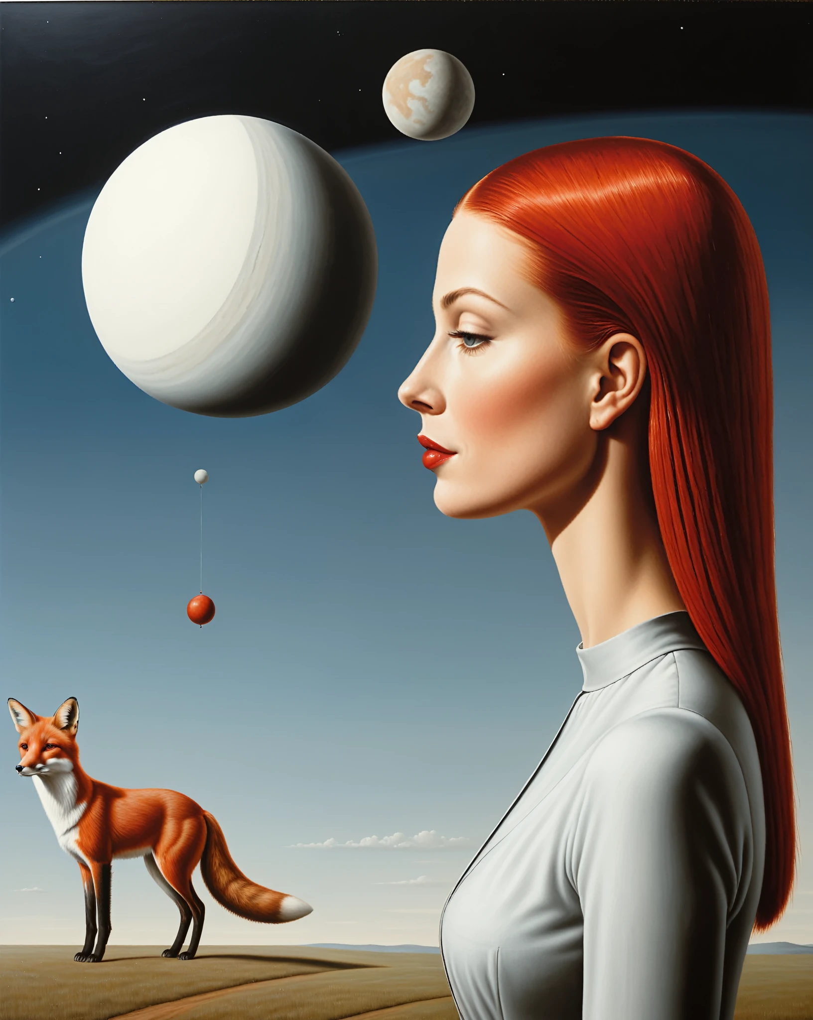 side view white girl with straight red haid no makeup acompanied with a fox, planet saturn - estilo surrealista, obra de arte surrealista, Sonhe como, Highly detailed René Magritte, obra de arte, High definition, masterpiece, painting like, HD

