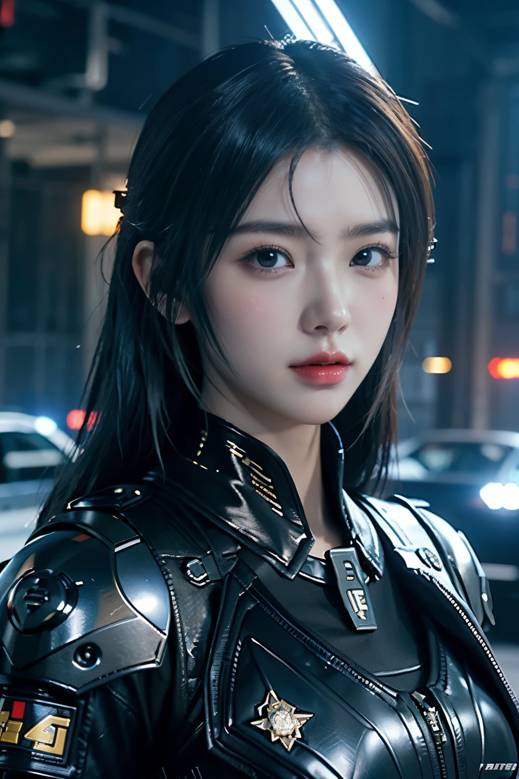 game art，best picture quality，highest resolution，8K，((Bust Photo))，((portrait))，(rule of thirds)，Unreal Engine 5 Rendering Tasks， (future girl)，(female warrior)， 22 year old girl，(female hacker)，(ancient oriental hairstyle)，(Beautiful eyes full of details)，(big bust)，(eye shadow)，elegant and attractive，indifferent，((frown))，(Combat uniform with future-oriented technology，Clothing that combines futuristic power armor and police uniform，Costumes are decorated with sparkly patterns and badges.)，cyberpunk character，futuristic style， Photo Pose，city background，movie lights，ray tracing，game CG，((3D Unreal Engine))，OC rendering reflection pattern