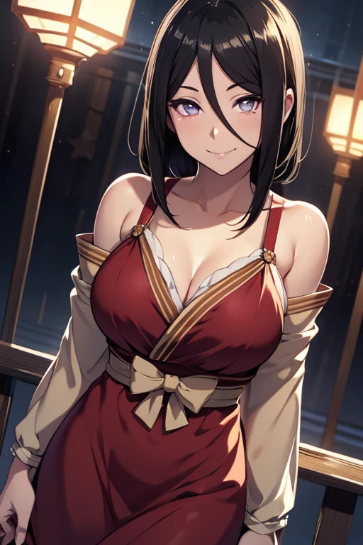 light effect, soft, super clear, high-definition picture, (front), masterpiece, cinematic lighting, Hyuga Hanabi, byakugan eyes, black hair, 1girl, solo, looking at viewer, smile, small breast, open shoulder, short dress