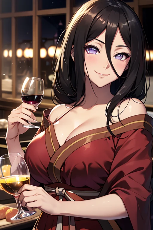 light effect, soft, super clear, high-definition picture, (front), masterpiece, cinematic lighting, Hyuga Hanabi, byakugan eyes, black hair, 1girl, solo, looking at viewer, smile, small breast, open shoulder, blue long dress, wine glass holding, gala dinner