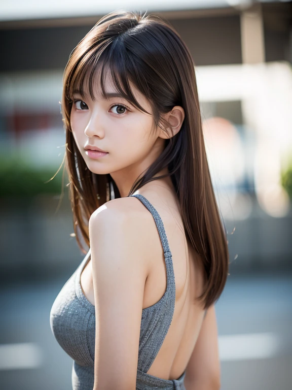 master piece, best quality, ultrahigh res, (photorealistic:1.4), raw photo, 8K photo, Japanese young model, 14 years old, slim face, police uniform, blurry background, cleavage, grey eyes, Back Pose, at Seaart, look at us , brown hair,medium hair,asymmetrical hair, asymmetrical bangs, realistic,(natural skin texture, detailed skin, detailed soft eyes, detailed hair, detailed cute lips, hyperrealism, ultra sharpness, intricate details), 