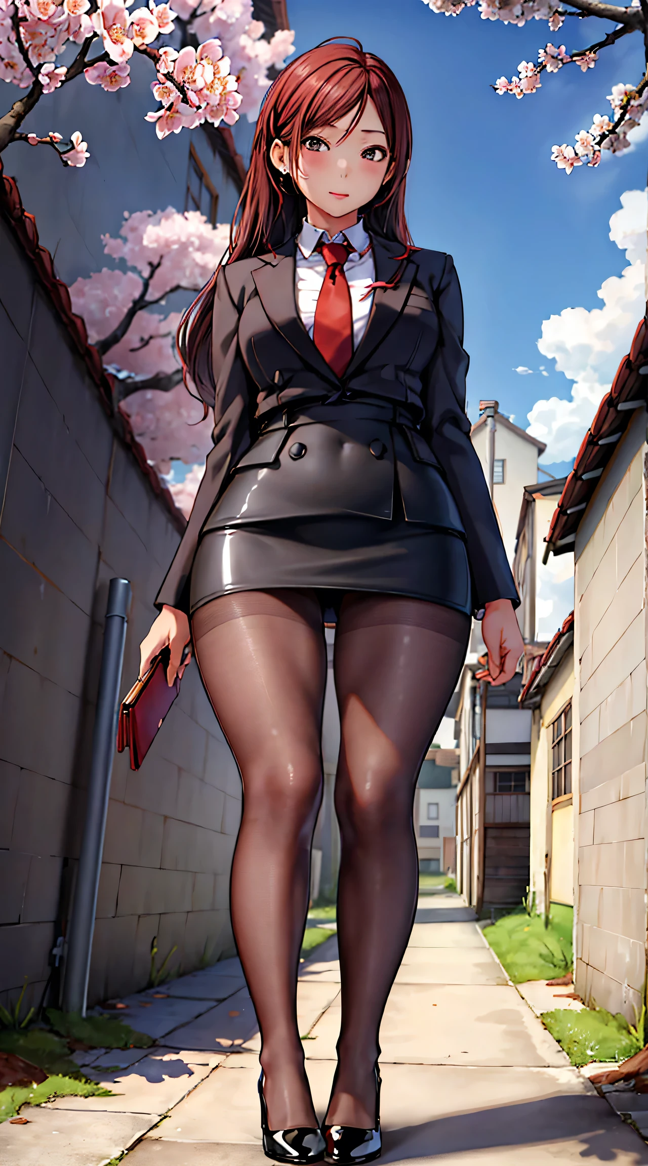 masterpiece, best quality,4girl,young girl, plum_pie eyes, brown, choppy bob,envious _face,shiny skin,medium breasts,nice leg line:1.3,thick thighs, thin waist,, thighhighs,necktie,((pencil skirt)),red color high heels, pantyhose, , Pathway_lined_with_blooming_cherry_blossom_trees,,looking at viewer,from below,full body, legsupsexms,