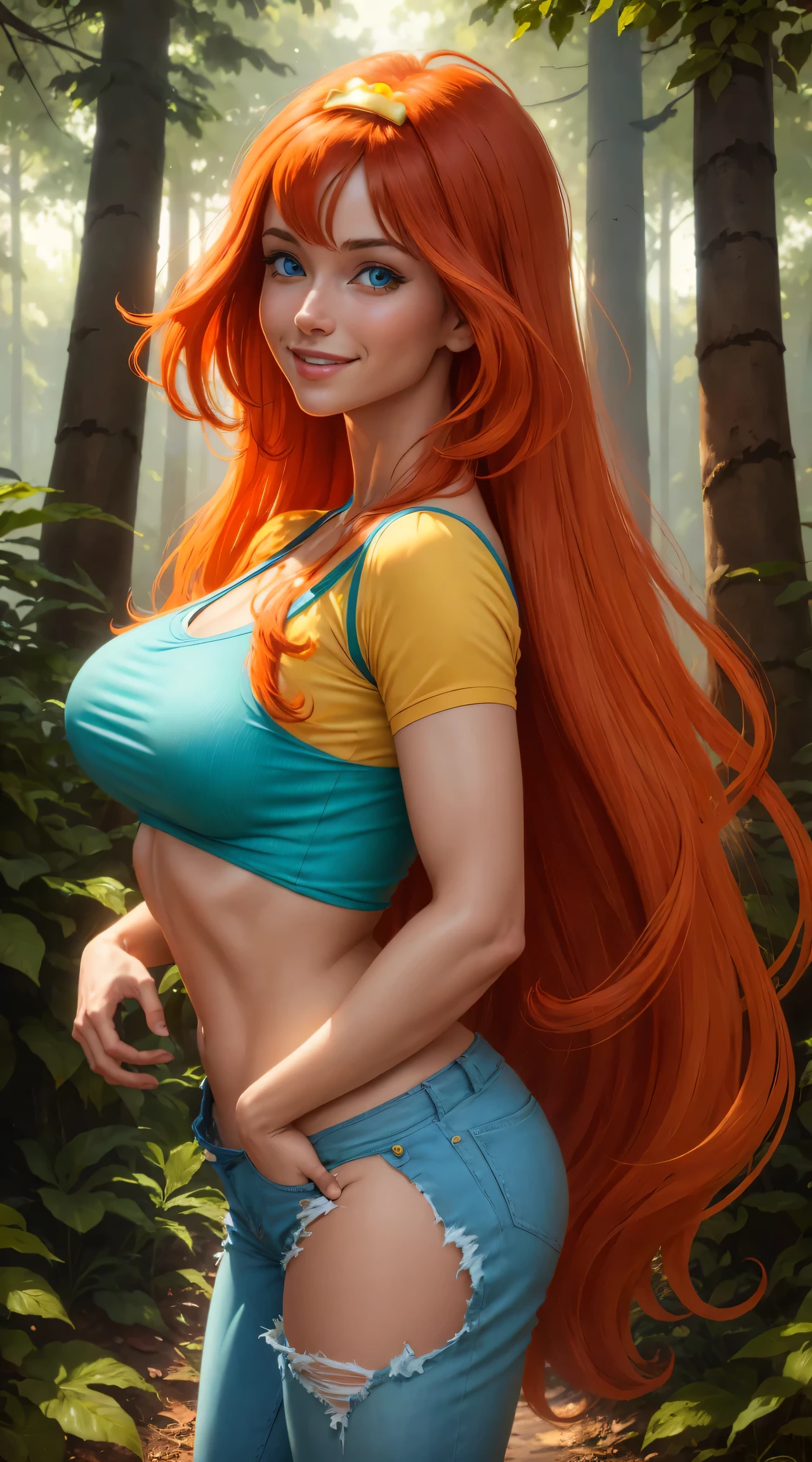 No bra, undressed, no underwear, full view, big breasts, big ass, provocative pose, masterpiece, best quality, ultra-detailed, Bloom, milf, mature face, tall, thick, orange hair, blue eyes, bangs, long hair, Casual Outfit, tight croptop, blue tshirt, yellow short sleeves, skinny short jeans, short pants, standing, smile, in the forest, cowboy shot, realistic, volumetric lighting, intricate details, tonemapping, sharp focus, hyper detailed,
