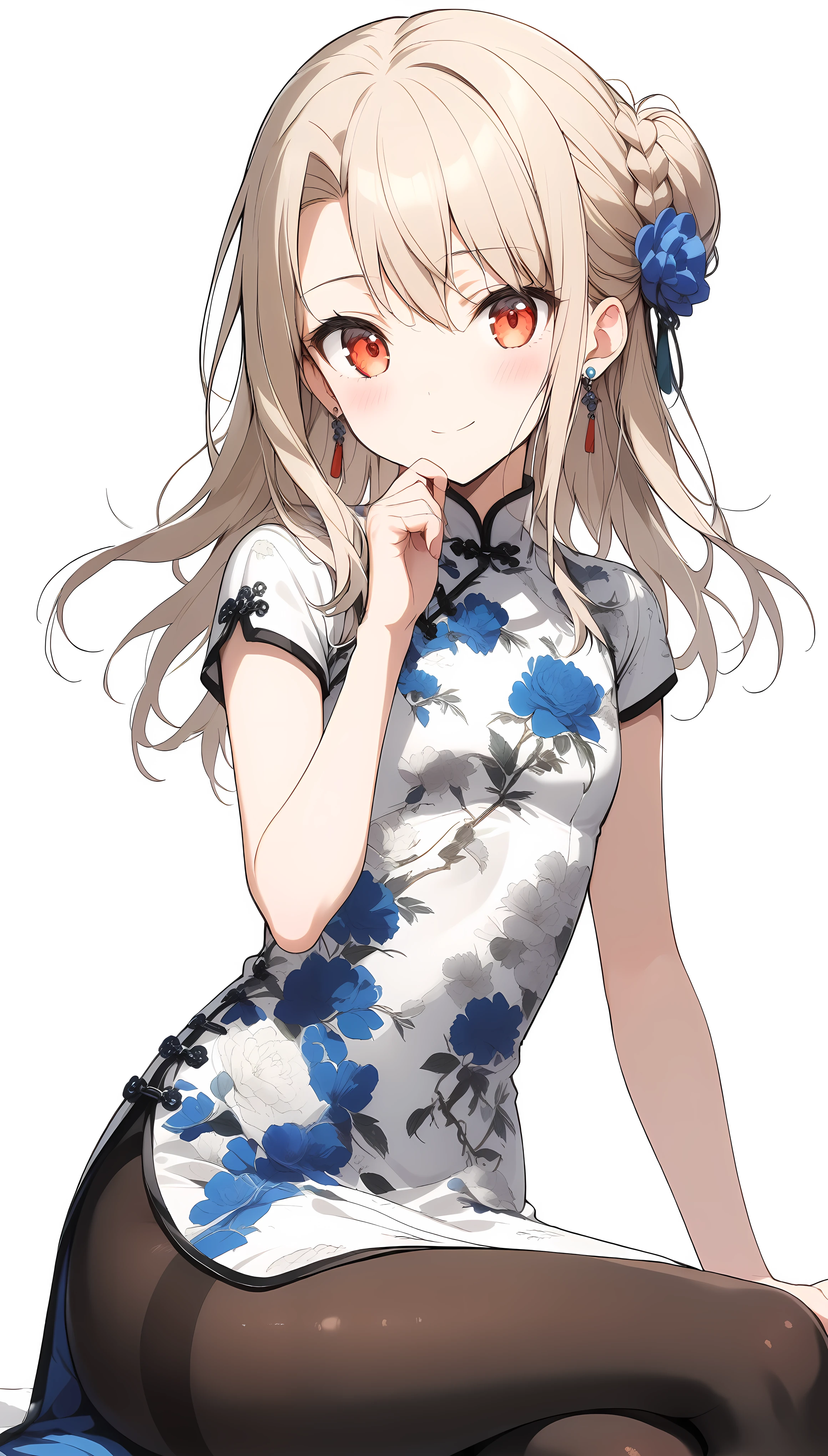 qipao,1girl,(illyasviel von einzbern),red_eyes,cream hair,(french braid),smile,blue flower,breasts,china dress,chinese clothes,dress,earrings,floral print,hand up,sitting,crossed legs,long hair,looking at viewer,pantyhose,print dress,simple background,smile,solo,white background