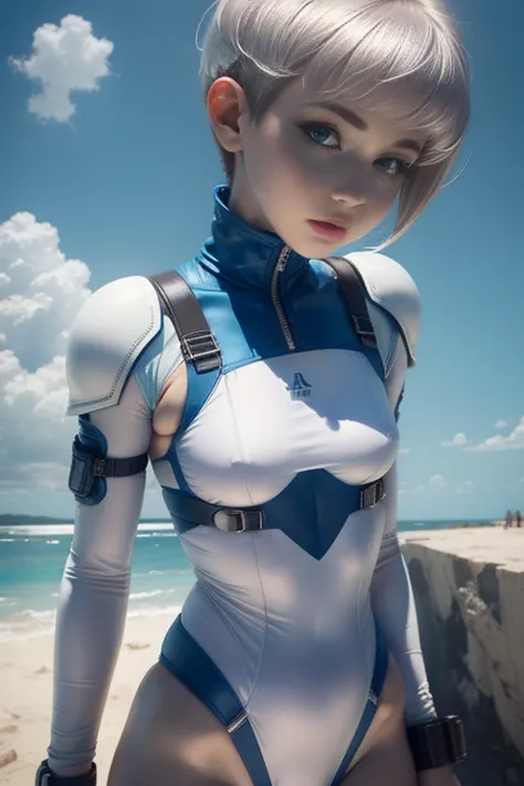 White combat suit with blue pattern, pretty girl, Pixie Cut Hair, Small breasts, Flat Chest, Outdoor, blue sky, Canon, masterpie...