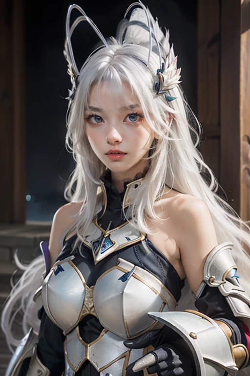 Best quality, masterpiece, detailed,
Rossweiss, Rossweisse 1 girl, closed mouth, slight smile,
White hair, green eyes, sea green eyes, antenna hair, long hair, hair ornament,
armor, mittens, bare shoulders,
I look at the viewer,
on open air