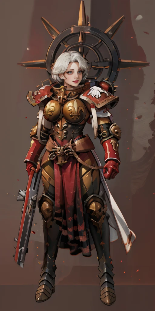 (masterpiece, best quality, 4k, 1girlsolo, 1MILF, mmplatz, smile, red cheeks, plain background:1.2), perfect face, perfect lighting, mature whsororitas with gloves red gauntlets in her hands like Cammy White from Street Fighter, bob white hair, warhammer 40k power armor suit, red eyes like rubies, full body armor, view from below, looking to the viewer