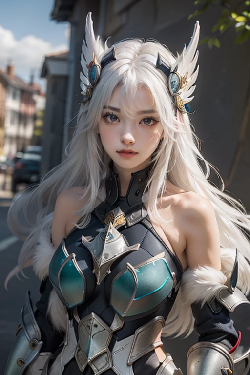 Best quality, masterpiece, detailed,
Rossweiss, Rossweisse 1 girl, closed mouth, slight smile,
White hair, green eyes, sea green eyes, long hair, hair ornament,
armor, mittens, bare shoulders,
I look at the viewer,
on open air