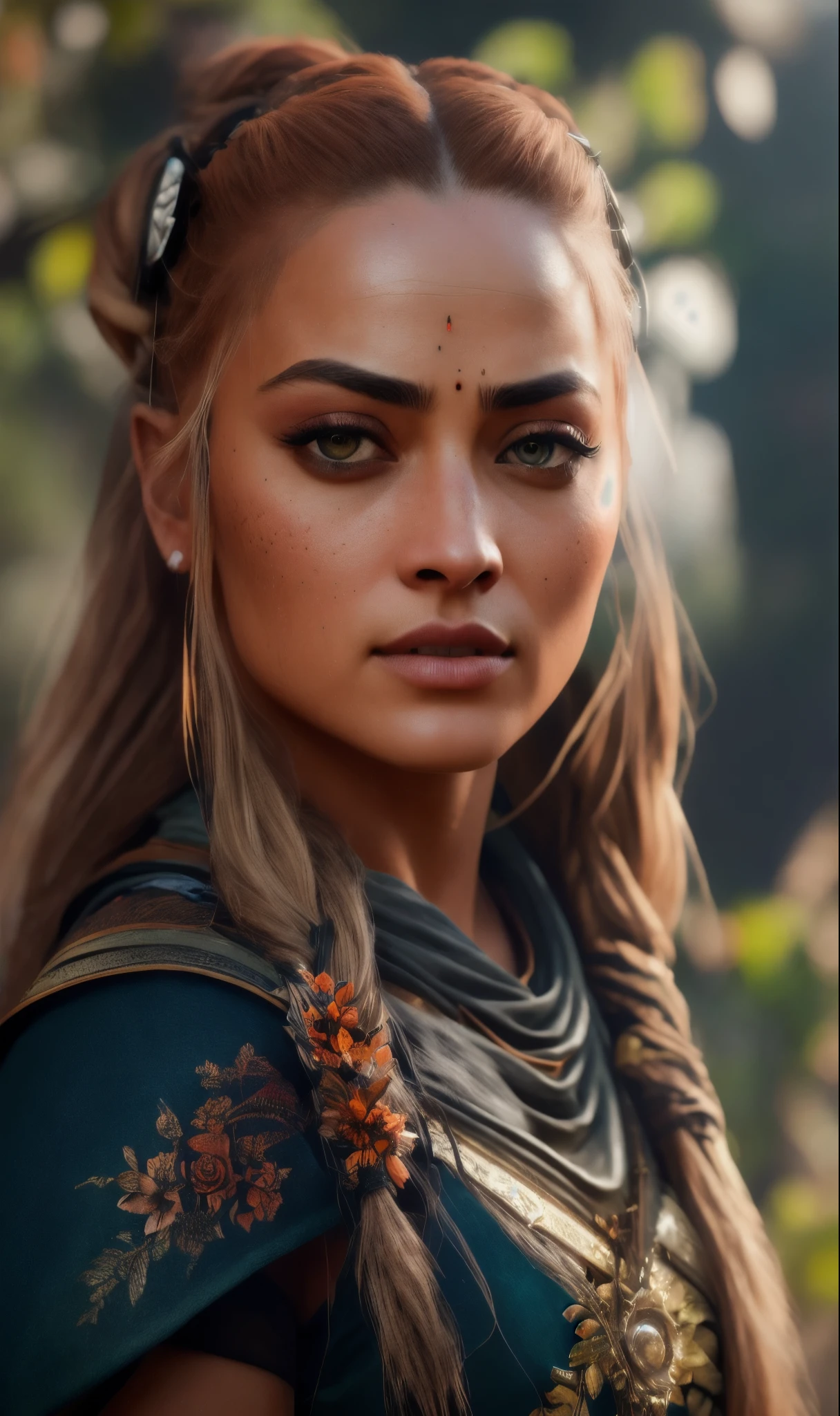 Looks like Sandeepa Dhar, ultra realistic photography, perfectly centered medium upper shot of Aloy from horizon zero dawn, creatures from horizon zero dawn jungle cliffs in the background, looking at viewer, fashion pose, extremely detailed eyes, detailed symmetric realistic face, extremely detailed natural texture, detailed peach fuzz, messy hair, masterpiece, absurdres, award winning photo by lee jeffries, nikon d850 film stock photograph, kodak portra 400 camera f1.6 lens,  depth of field, extremely detailed, amazing, fine detail, rich colors, hyper realistic lifelike texture, dramatic lighting, unrealengine, trending on artstation, cinestill 800 tungsten, photo realistic, RAW photo, TanvirTamim, high quality, highres, sharp focus, extremely detailed, cinematic lighting, 8k uhd, high definition, cinematic, neoprene, behance contest winner, featured on unsplash, cgsociety, unreal engine 5, ultra sharp focus