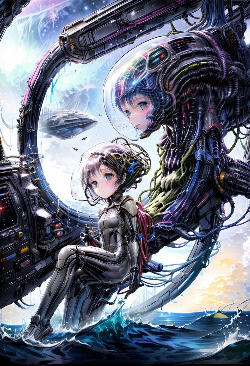 ecchi anime, corpo todo, visualização dinâmica, tentativa distante, Qualidade HD8k, fada xenomorfa, lindo, bonitinho, Corpo esguio, Cara de bebê, bio-fato espacial gelatinoso, flutuando em um navio orgânico,